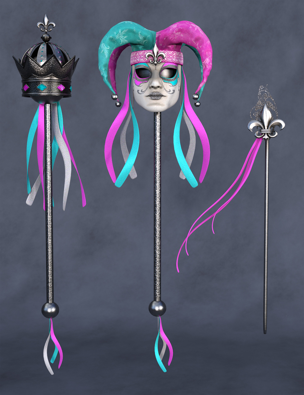 Fun Mardi Gras Mix and Match Scepters for Genesis 8 and 8.1 by: Barbara BrundonUmblefuglyArien, 3D Models by Daz 3D