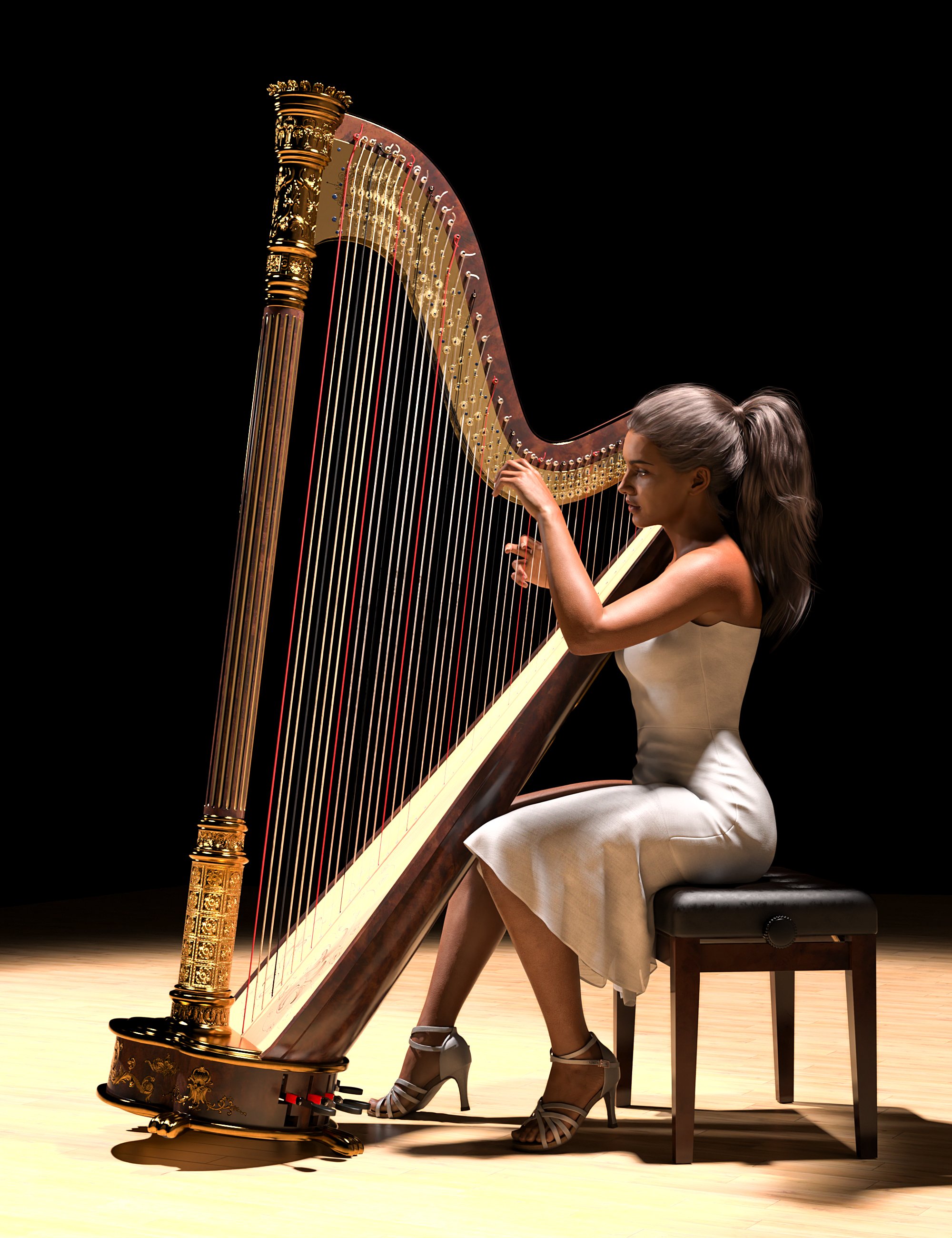 Concert Harp and Poses for Genesis 8 and 8.1 by: Protozoon, 3D Models by Daz 3D