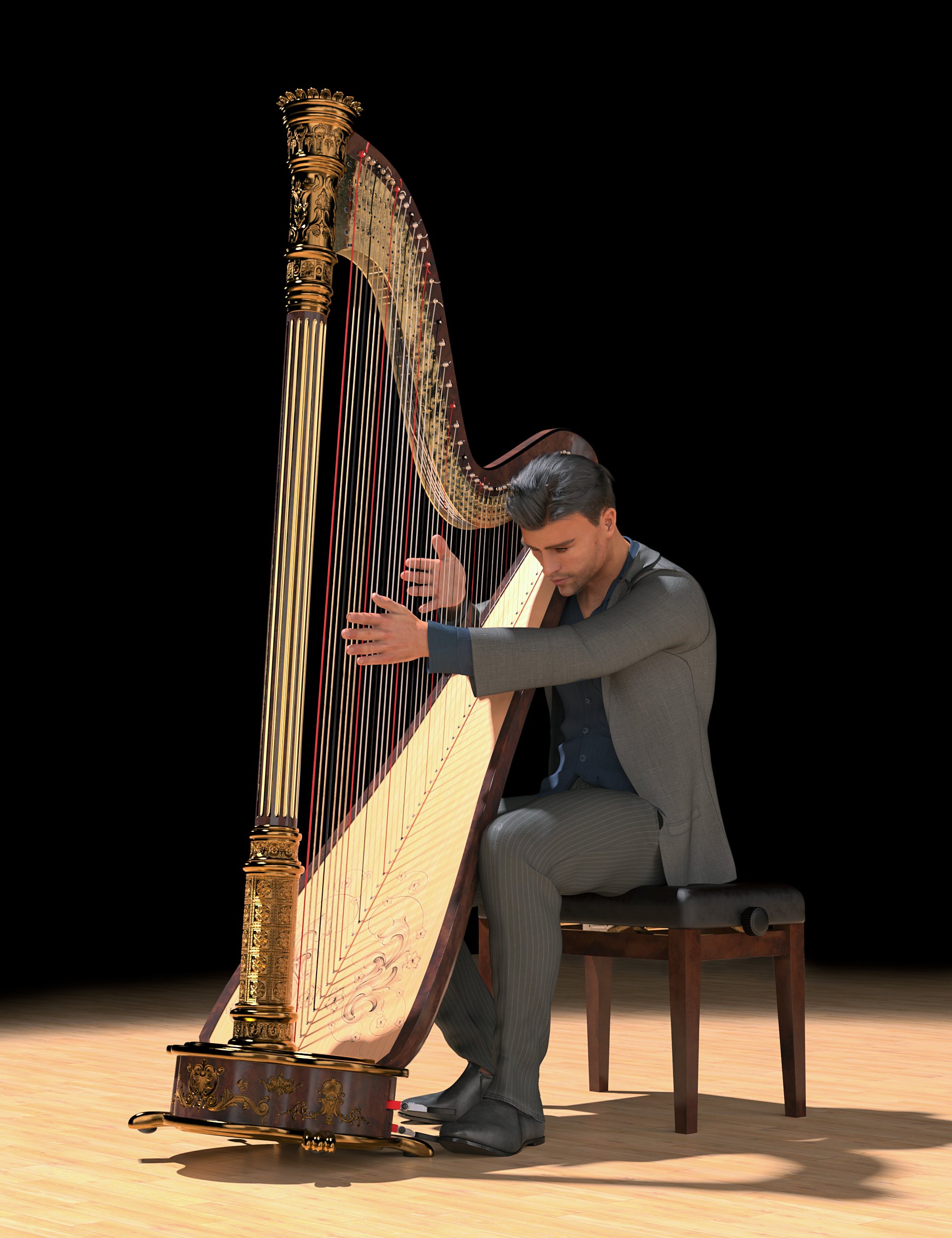 Concert Harp and Poses for Genesis 8 and 8.1 by: Protozoon, 3D Models by Daz 3D