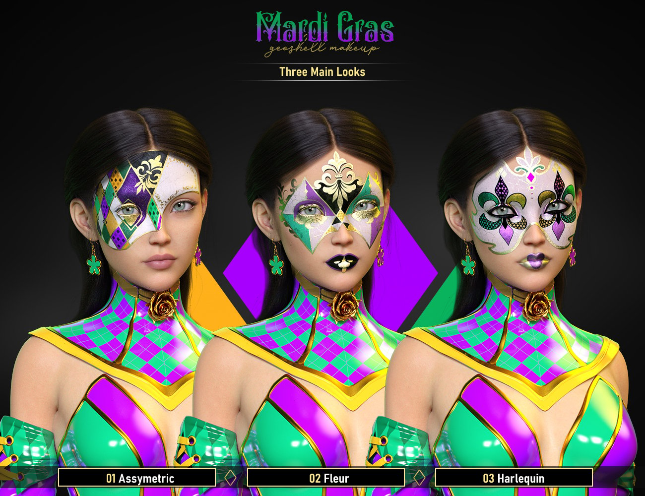 FPE Mardi Gras Geoshell Makeup for Genesis 8 and 8.1 by: FenixPhoenixEsid, 3D Models by Daz 3D