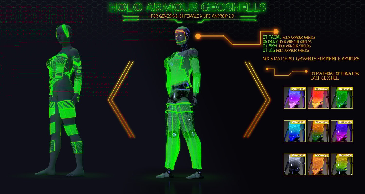Holo Shield Geoshells for Genesis 8 and 8.1 Female and Life 2.0 Android Holo Shield Geoshells for Genesis 8 and 8.1 Female and Life 2.0 Android by: ForbiddenWhispers, 3D Models by Daz 3D