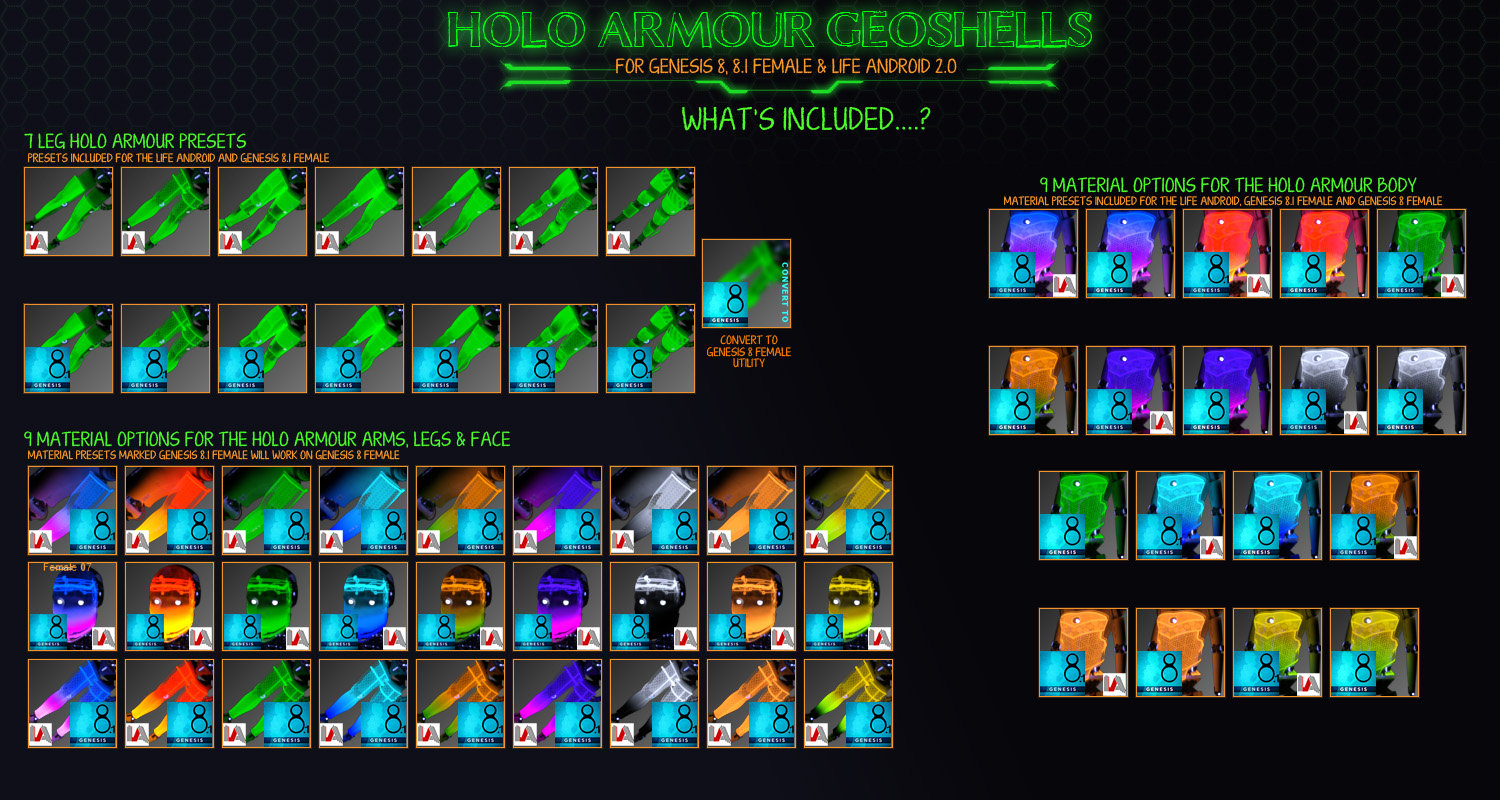 Holo Shield Geoshells for Genesis 8 and 8.1 Female and Life 2.0 Android Holo Shield Geoshells for Genesis 8 and 8.1 Female and Life 2.0 Android by: ForbiddenWhispers, 3D Models by Daz 3D