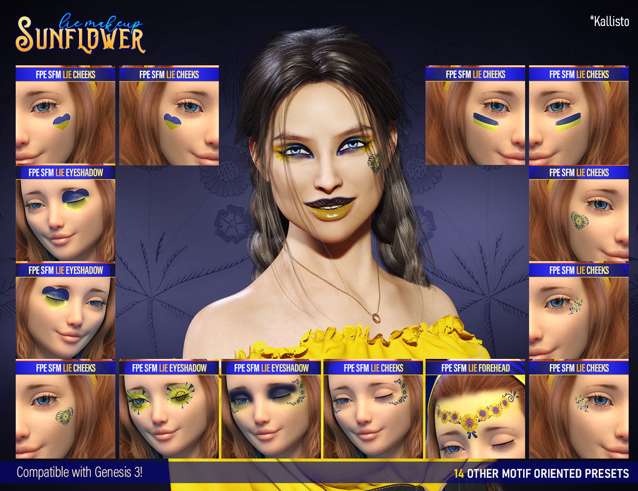 FPE Sunflower LIE Makeup Genesis 8 and 8.1 Female by: FenixPhoenixEsid, 3D Models by Daz 3D
