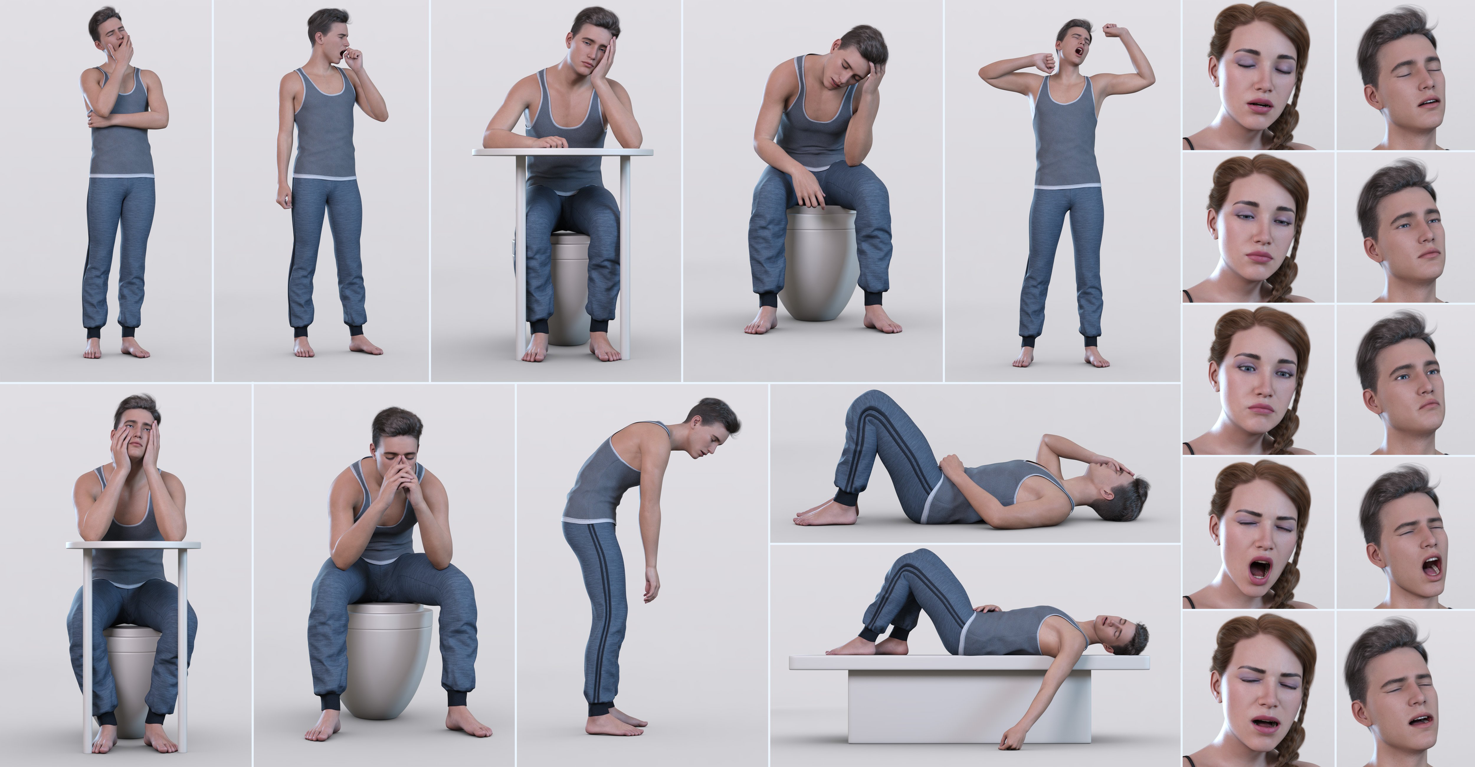 Z Tired and Exhausted Utility Pose Collection for Genesis 8 and 8.1 Daz 3D