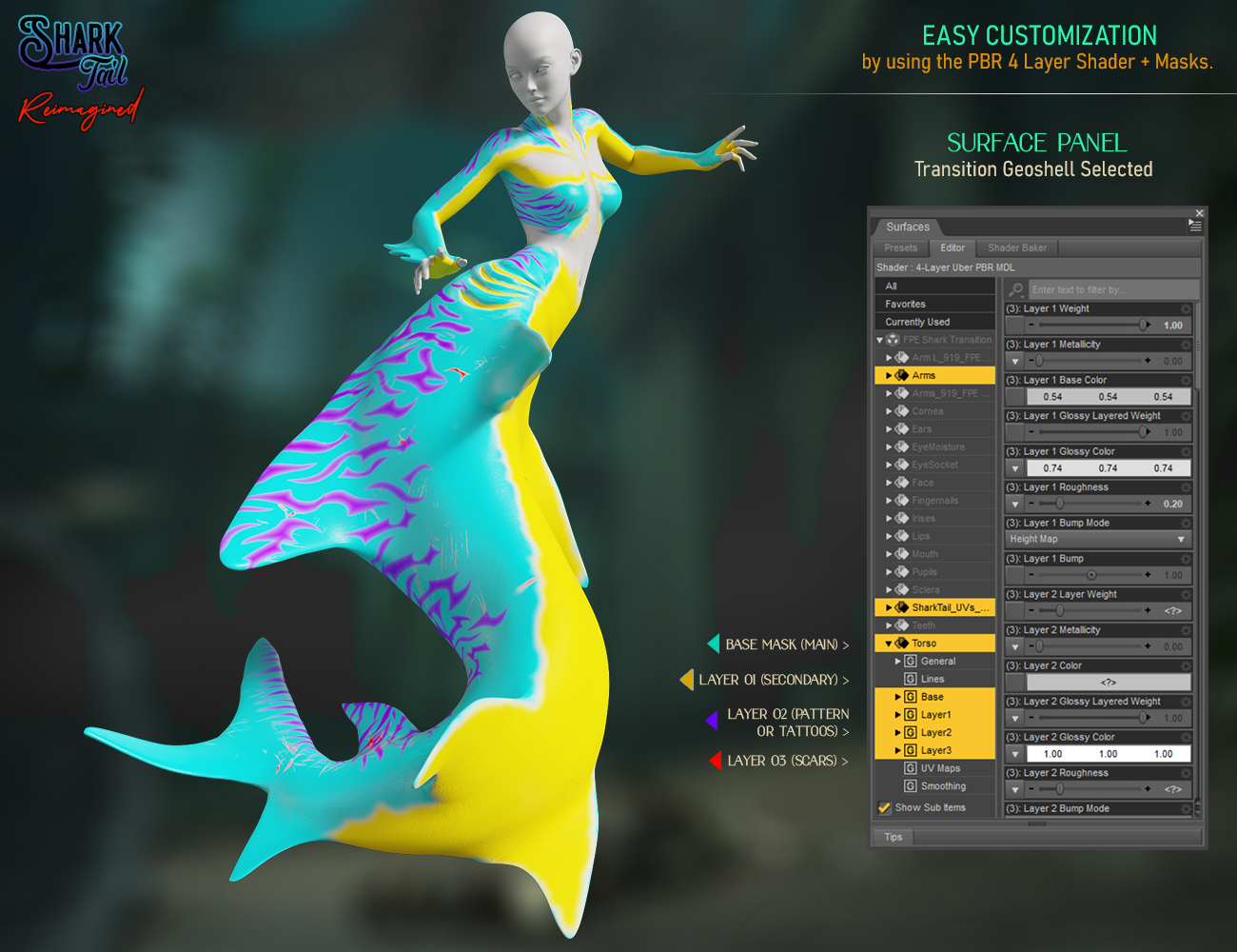 Shark Tail Reimagined Texture Add-On for Genesis 8 and 8.1 Female Shark Tail Reimagined Texture Add-On for Genesis 8 and 8.1 Female by: FenixPhoenixEsid, 3D Models by Daz 3D
