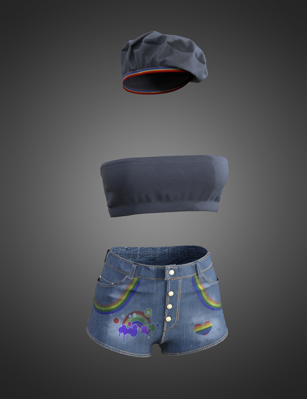 Pride Outfit Shorts, Shirt, and Beret for Genesis 8 and 8.1 Females by: Charlie, 3D Models by Daz 3D