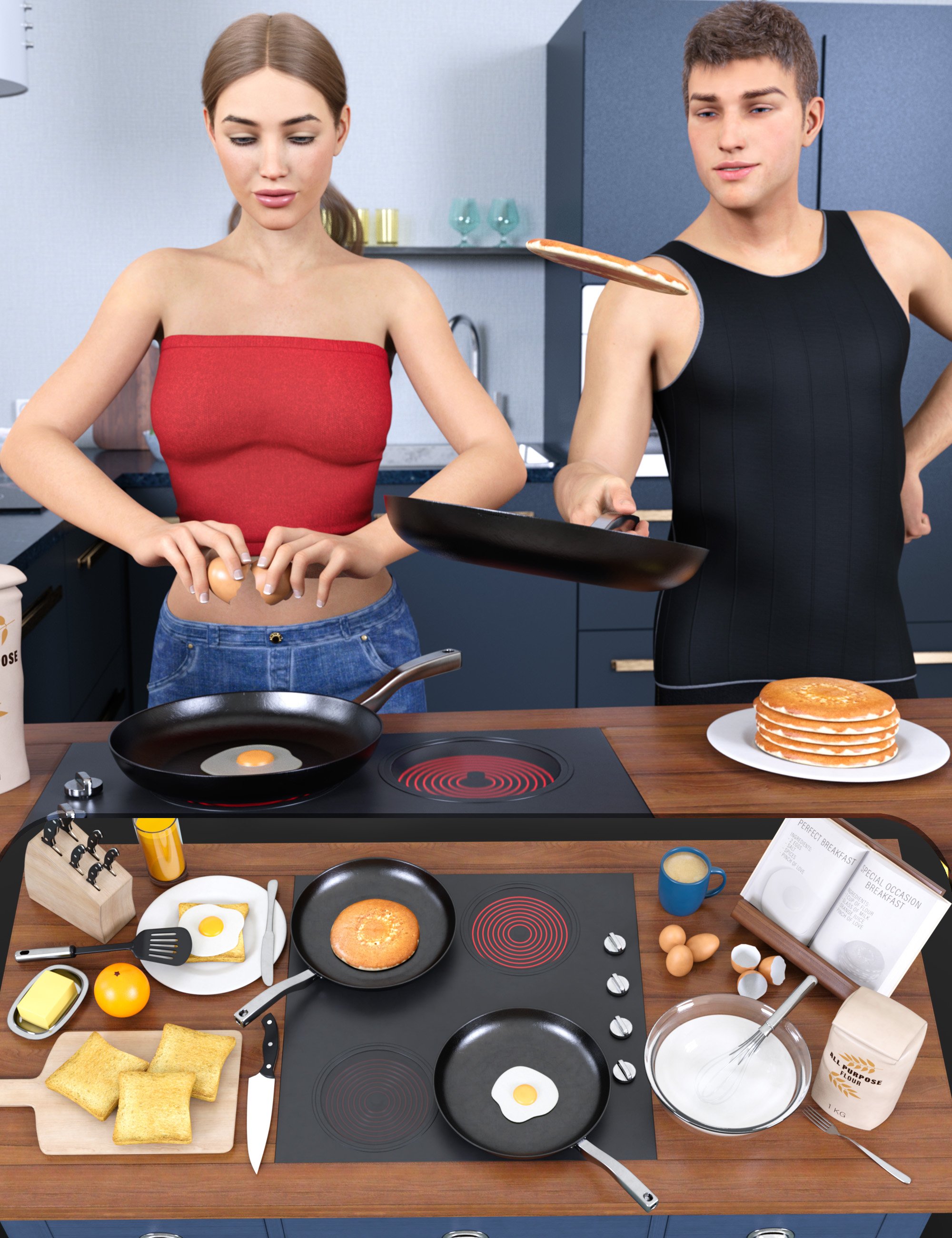 Z Let's Make Breakfast Props and Poses for Genesis 8 and 8.1 by: Zeddicuss, 3D Models by Daz 3D