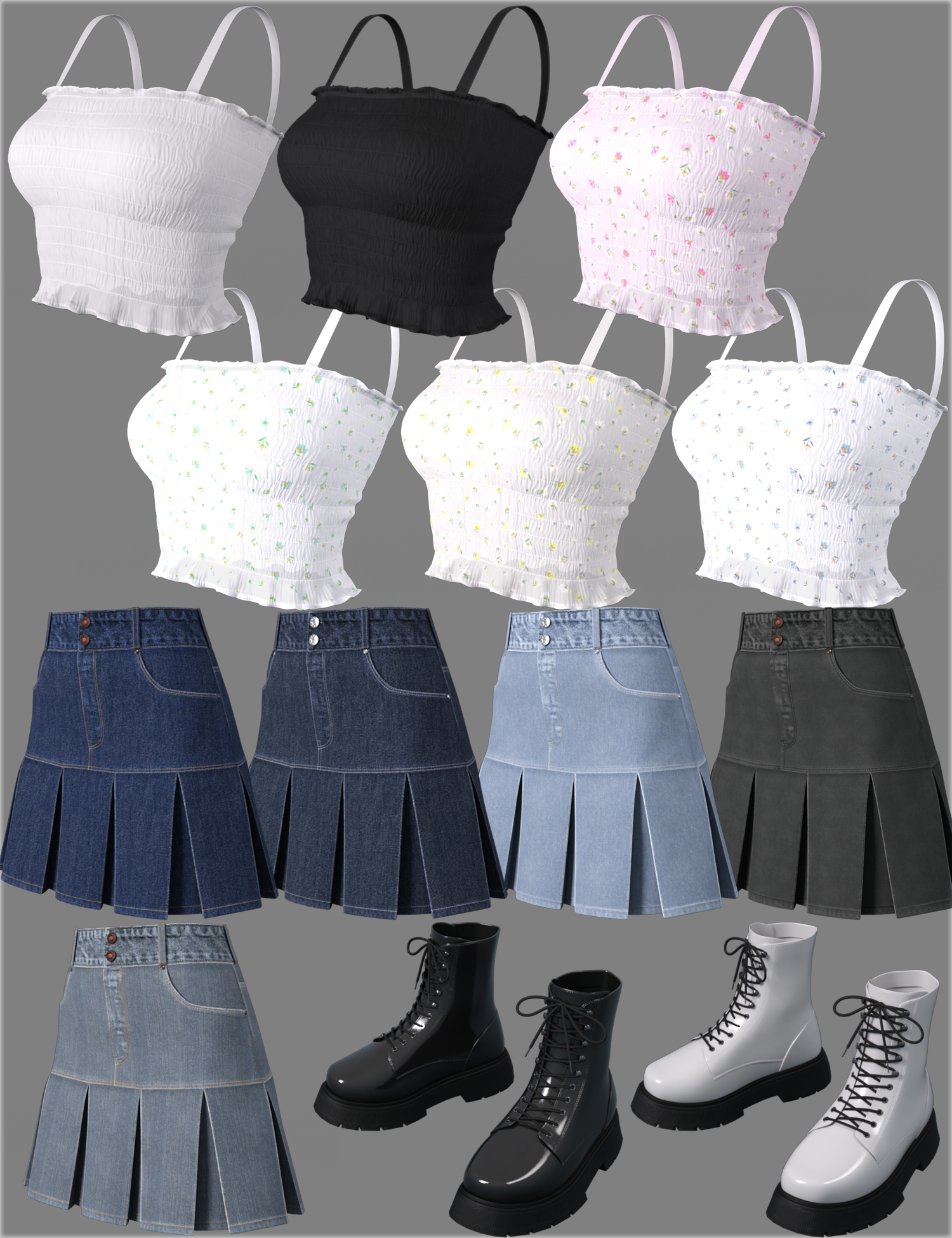 Dforce Hnc Pleated Denim Skirt Outfit For Genesis 8.1 Females 