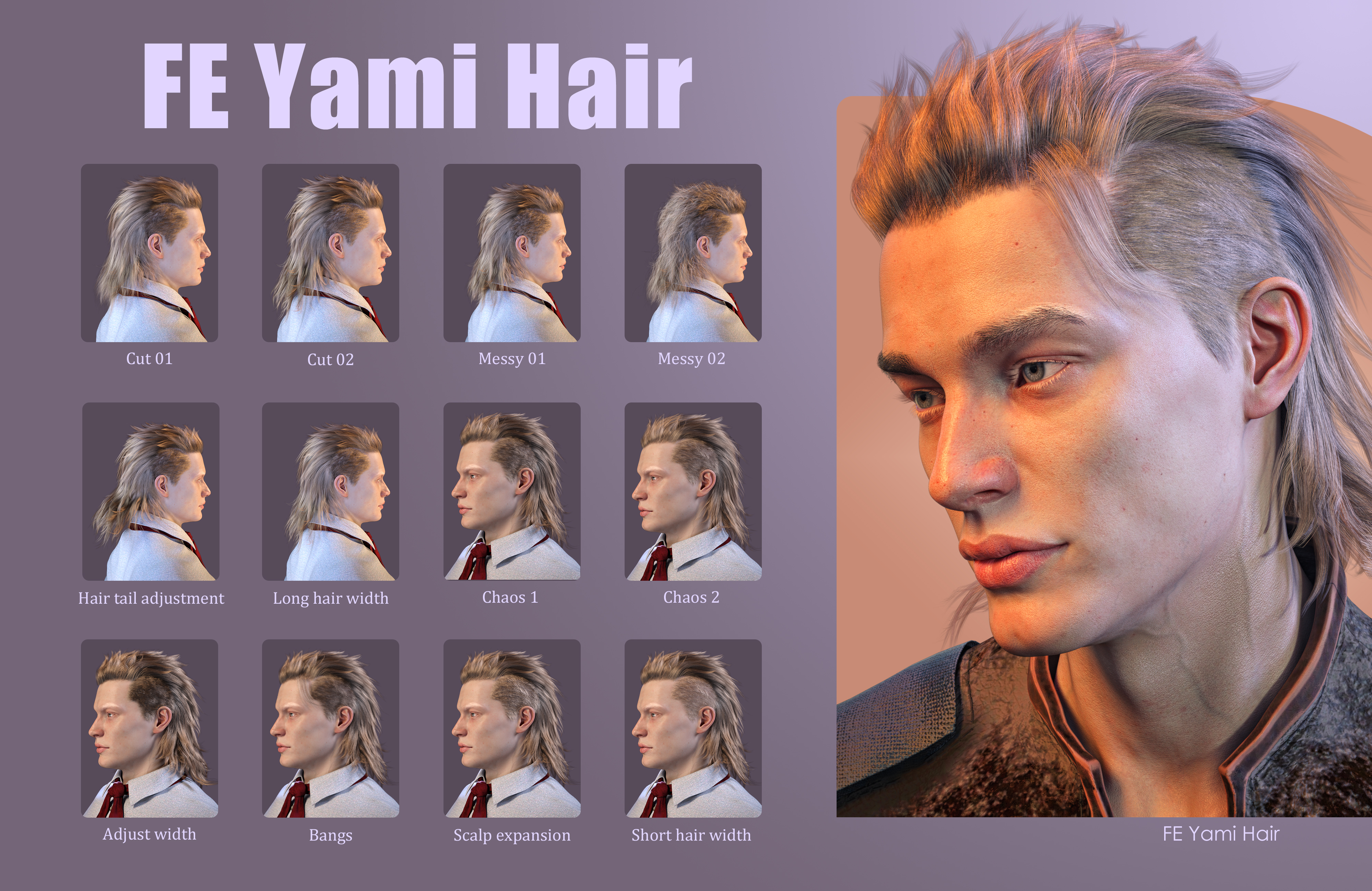 FE Yami Hair for Genesis 8 Male by: FeSoul, 3D Models by Daz 3D