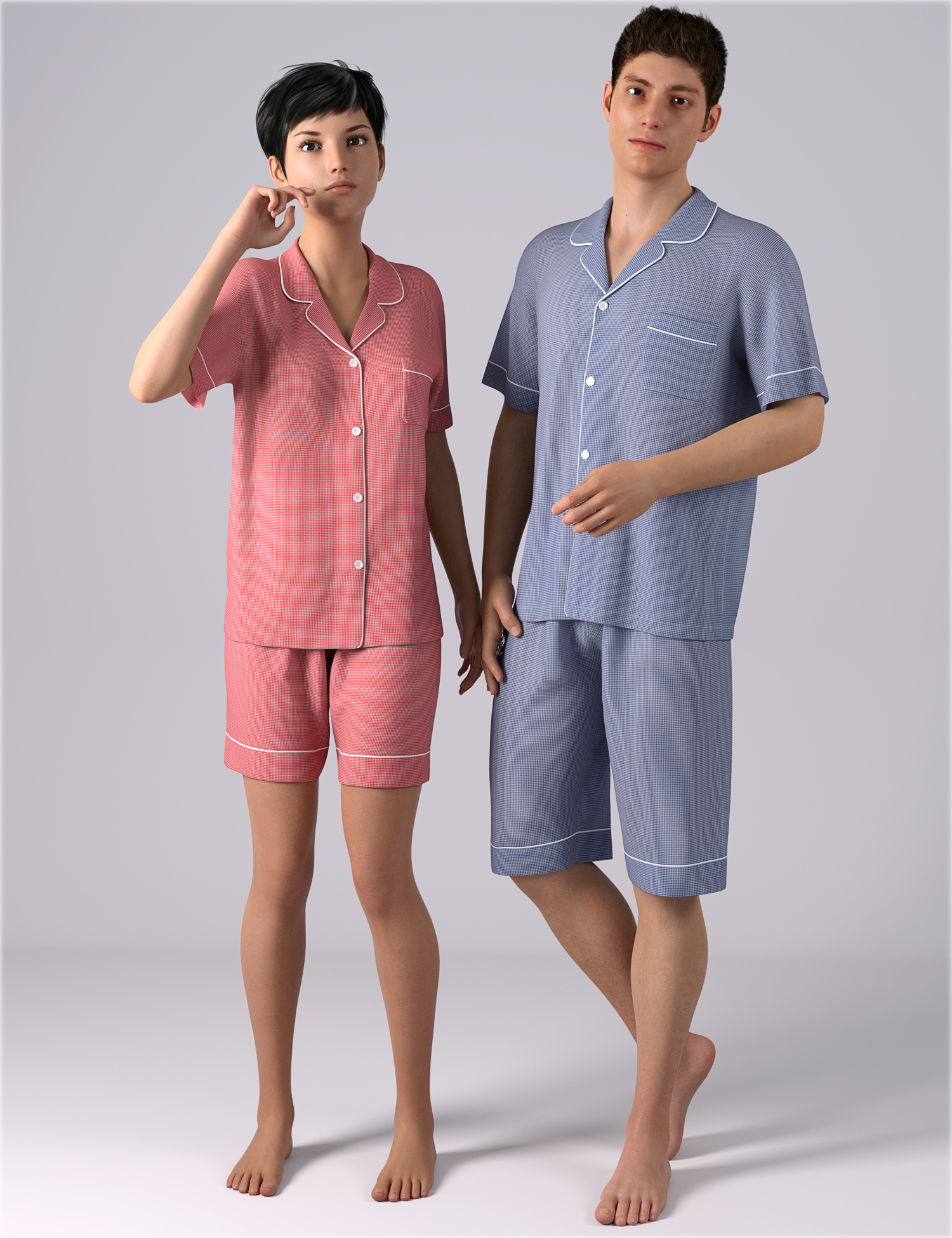 dForce HnC Summer Pajamas Outfits for Genesis 8.1 Females and Males by: IH Kang, 3D Models by Daz 3D