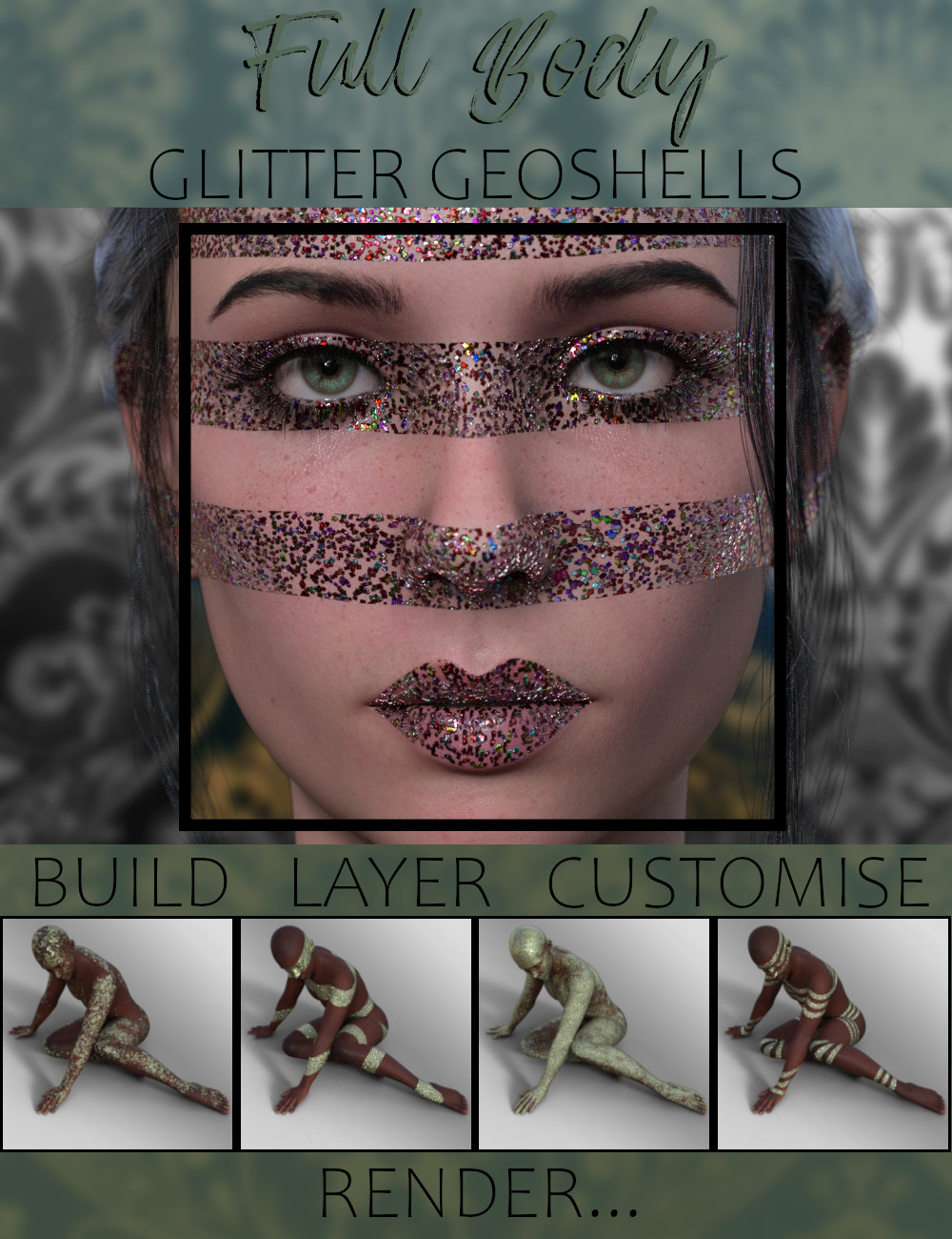 Full-Body Glitter Geoshells for Genesis 9 by: ForbiddenWhispers, 3D Models by Daz 3D