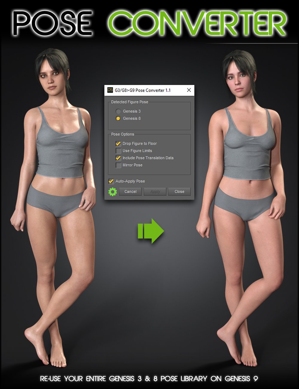 Genesis 3 and 8 to 9 Pose Converter by: Zev0bitwelder, 3D Models by Daz 3D