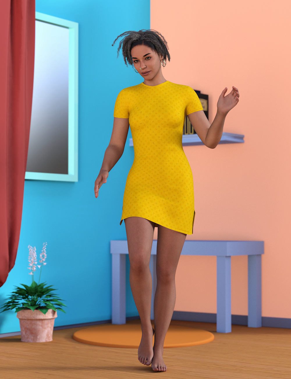 dForce AQ Yellow Dress and Poses for Genesis 9 by: Aquarius, 3D Models by Daz 3D