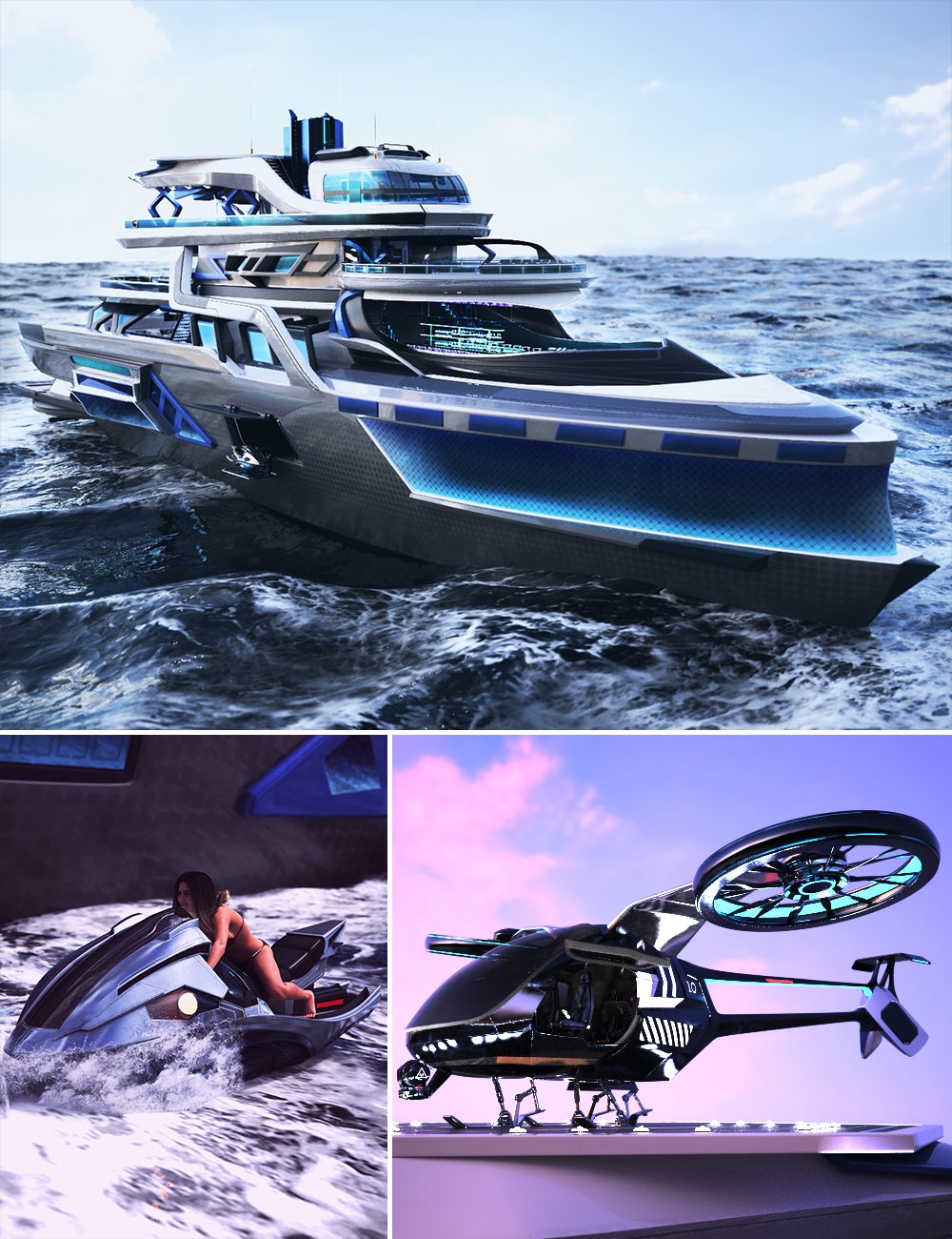 XI Futuristic Yacht Bundle by: Xivon, 3D Models by Daz 3D