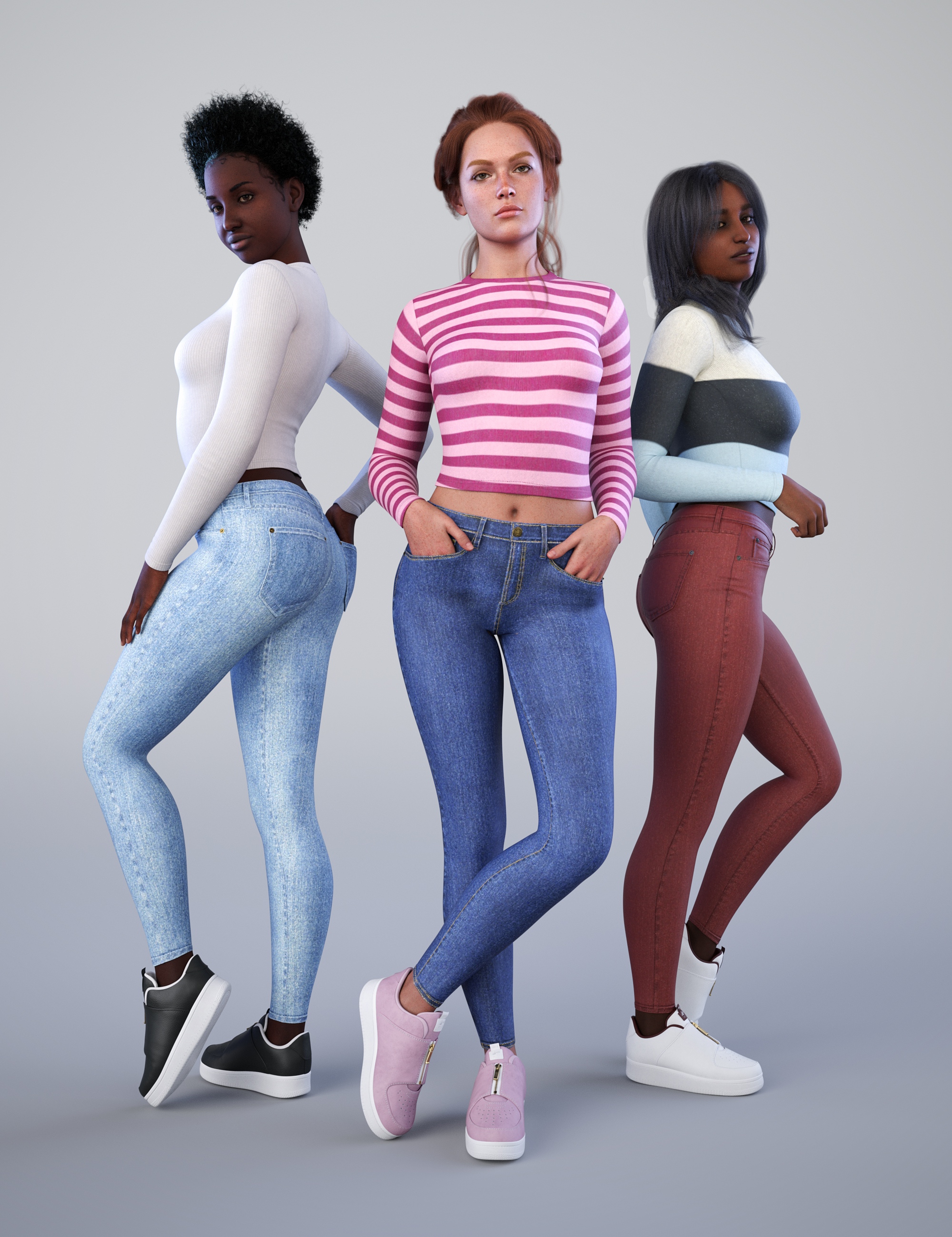 NG High Waist Skinny Jeans Outfit Poses for Genesis 9 and Victoria 9 by: NewGuy, 3D Models by Daz 3D