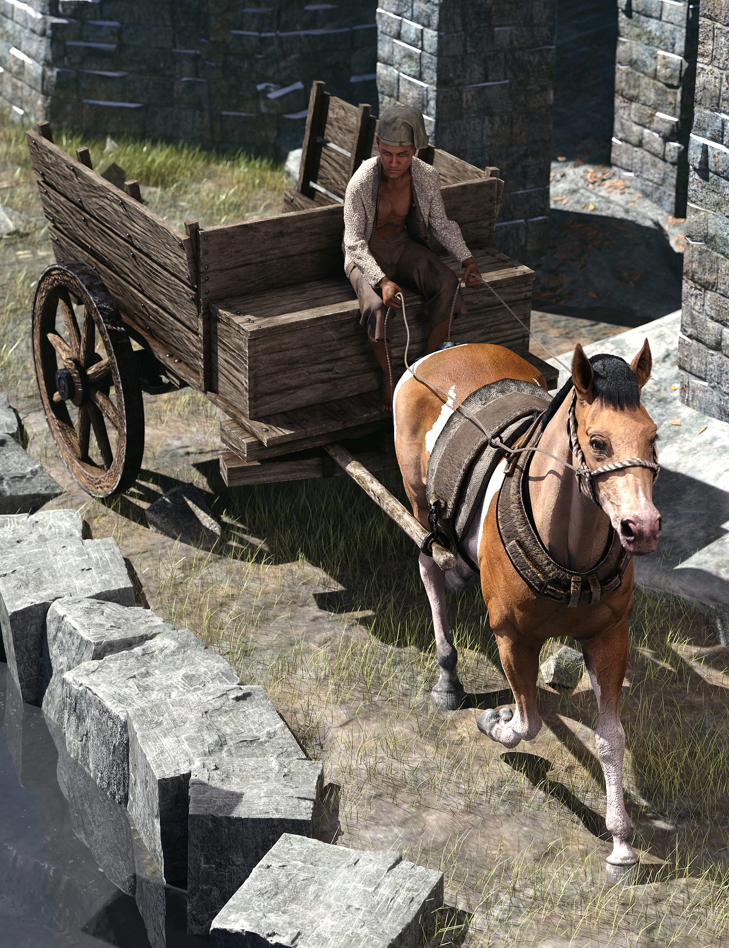 Rustic Cart and Yoke for Daz Horse 3 by: Sixus1 Media, 3D Models by Daz 3D
