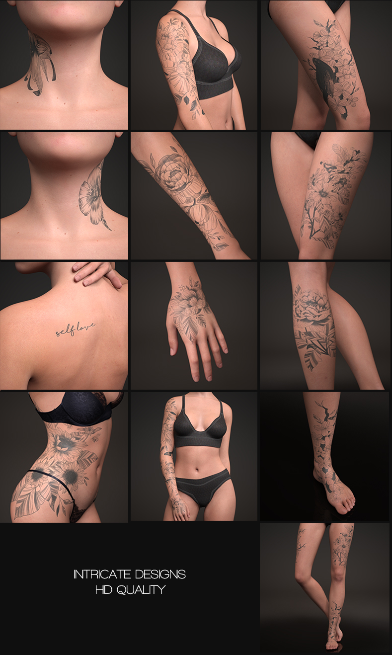 Flowers & Wings LIE Full Body Tattoo Art for Genesis 9 by: 3D Sugar, 3D Models by Daz 3D