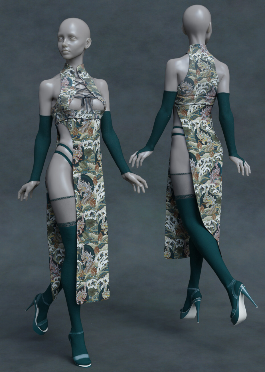 dForce Naomi Cheongsam Outfit for Genesis 9, 8, and 8.1 Females by: Beautyworks, 3D Models by Daz 3D