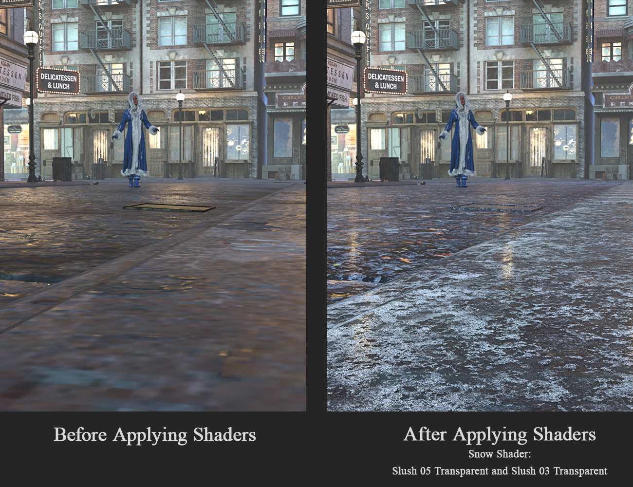 Before and After snow shaders applied to city street