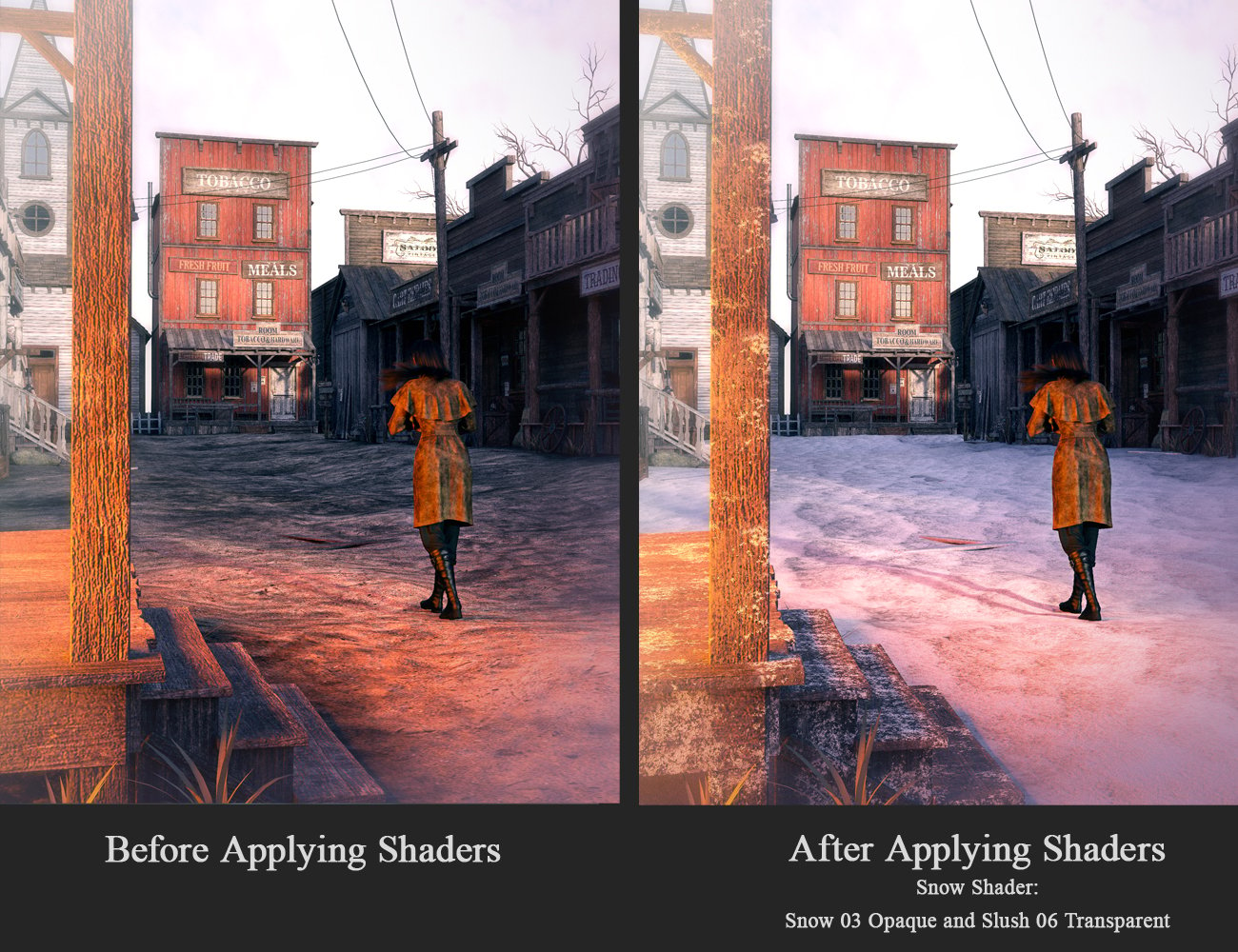 Before and After snow shaders applied to Wild West Town