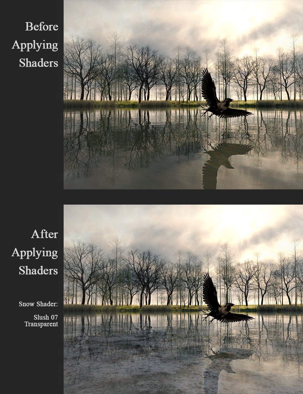 Before and After snow shaders applied to winter lake