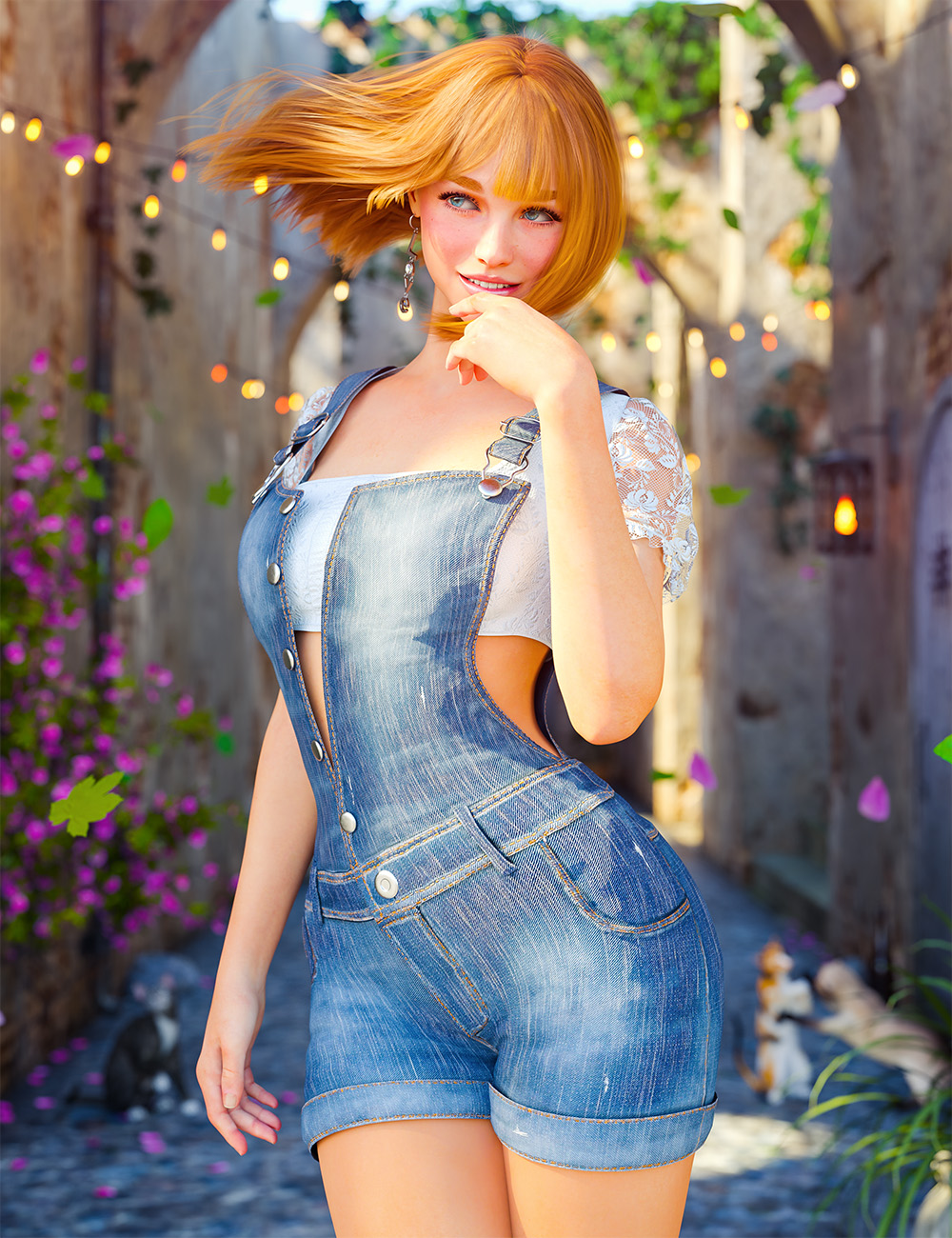 dForce Nellie Denim Dungarees Outfit for Genesis 8, 8.1, and 9 by: Beautyworks, 3D Models by Daz 3D