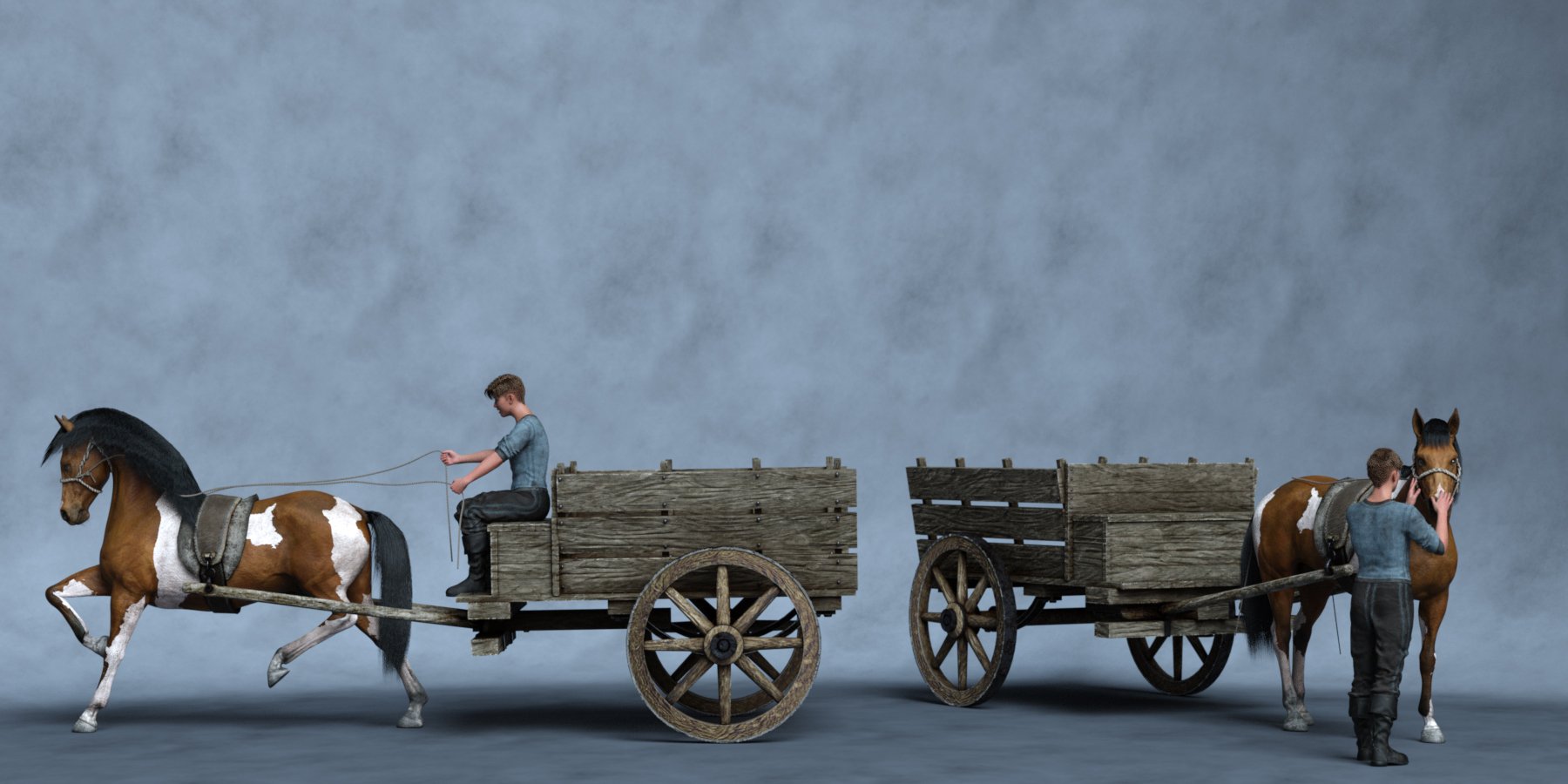 Old Cart Walk Poses for Genesis 9, Daz Horse 3, and Rustic Cart by: Ensary, 3D Models by Daz 3D