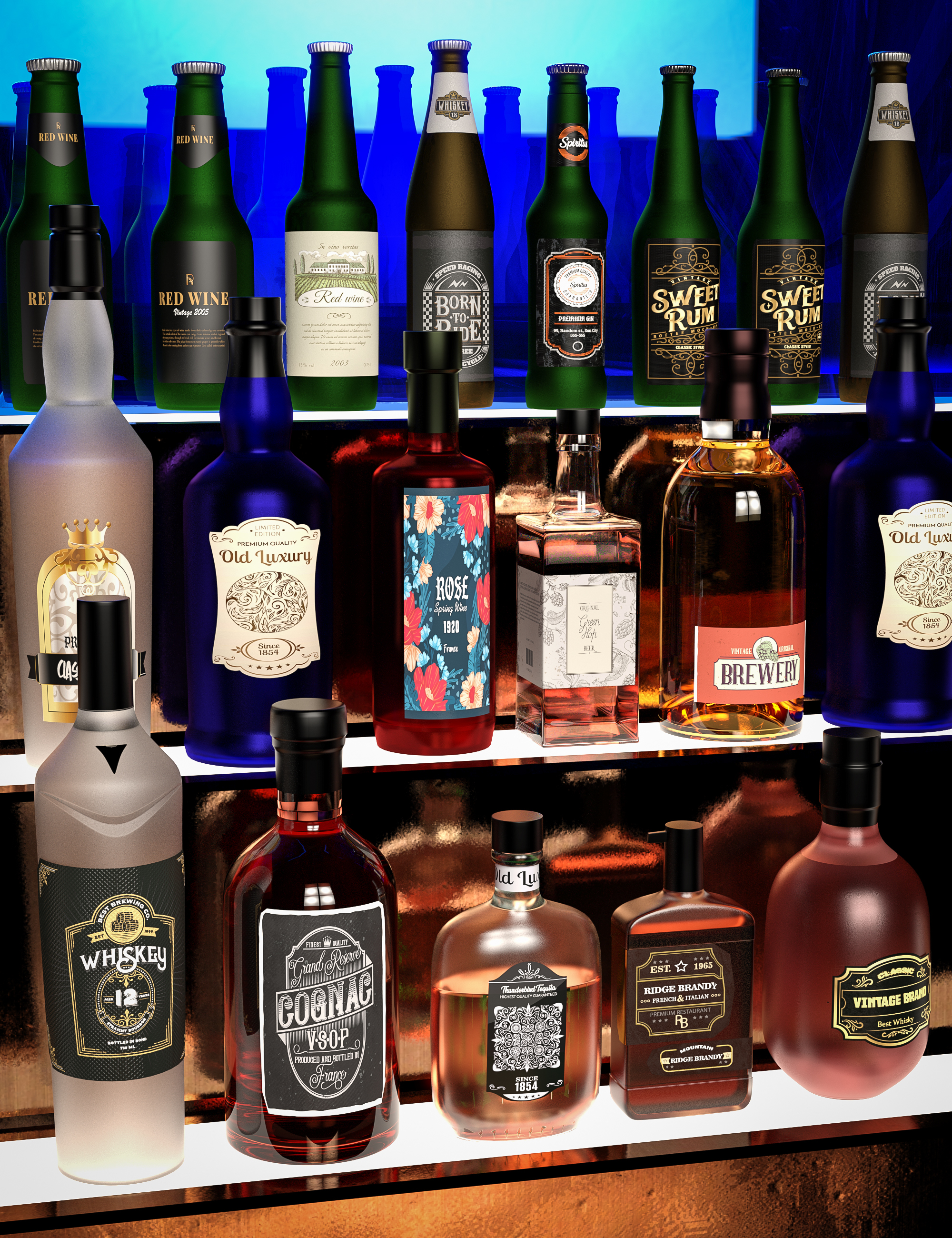 BW Bar Liquor Bottles Set by: Beautyworks, 3D Models by Daz 3D