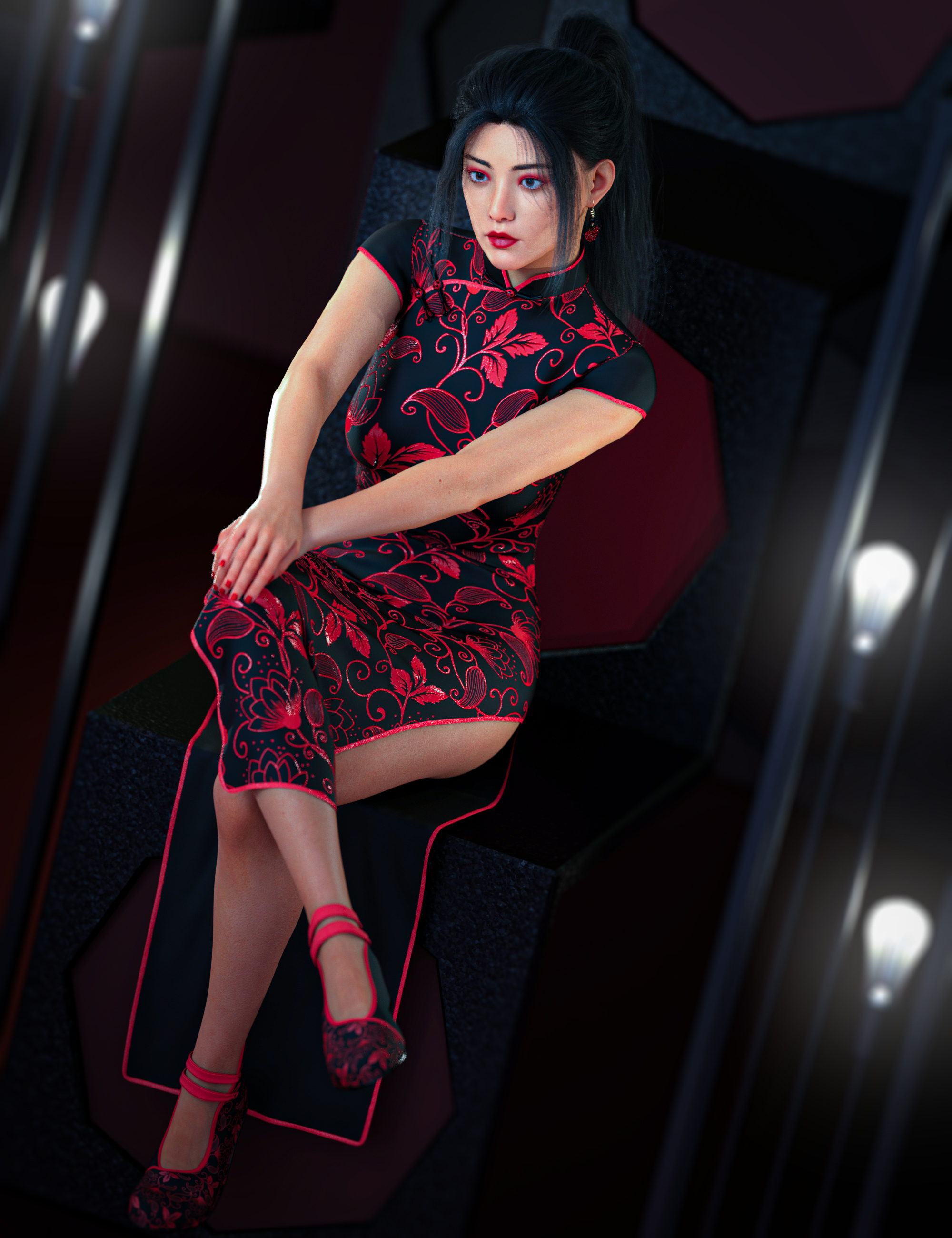 dForce Chinese Qipao Outfit for Genesis 9 by: Aesthetic House, 3D Models by Daz 3D