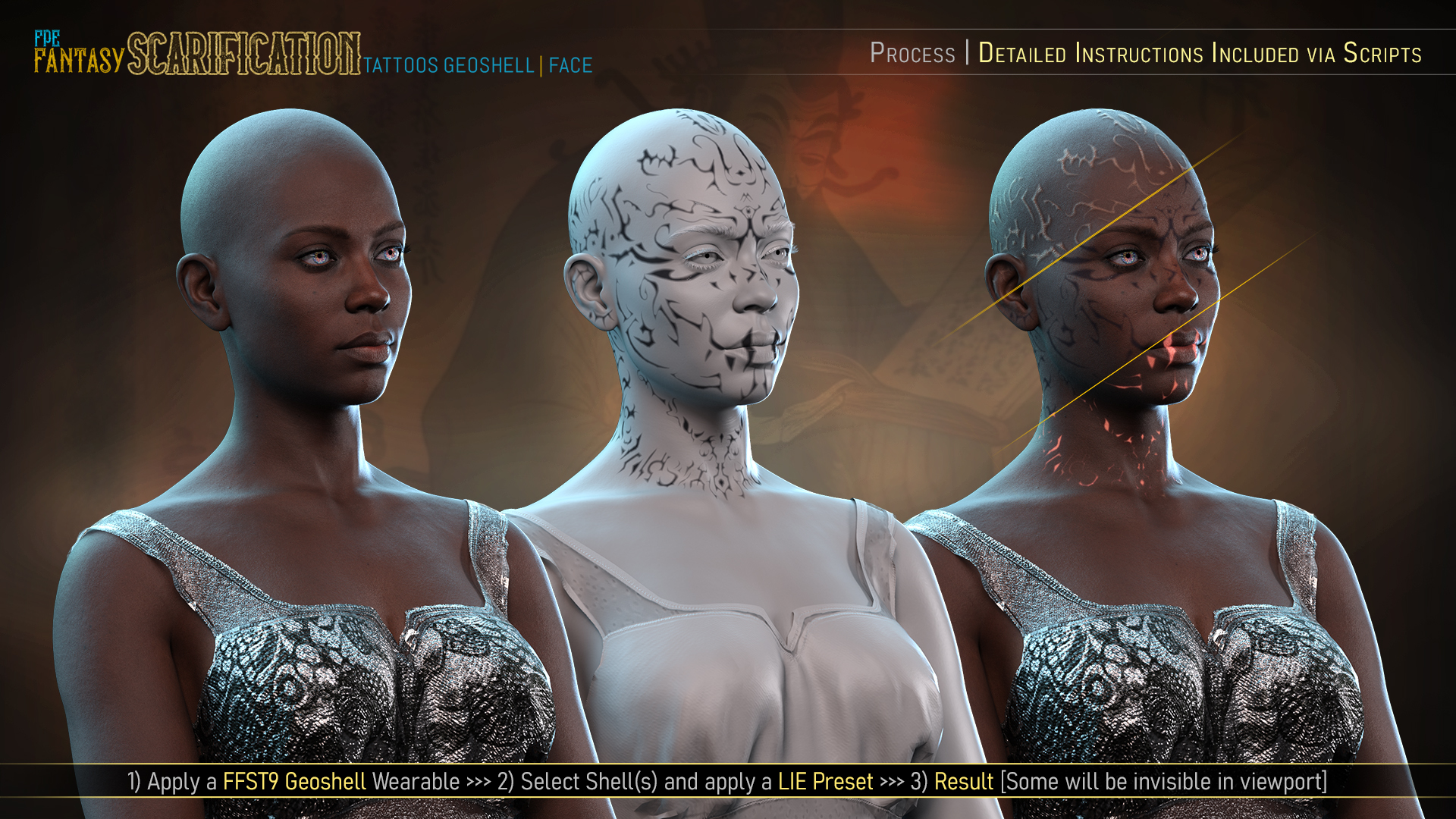 FPE Fantasy Scarification Face Tattoos Geoshell for Genesis 9 by: FenixPhoenixEsid, 3D Models by Daz 3D