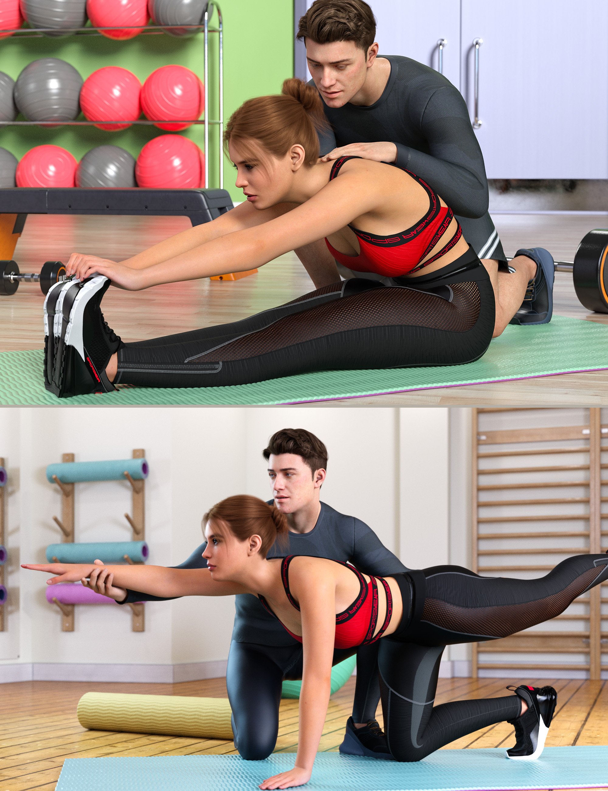 Z Personal Training Session Couple Poses for Genesis 9 and 8 by: Zeddicuss, 3D Models by Daz 3D