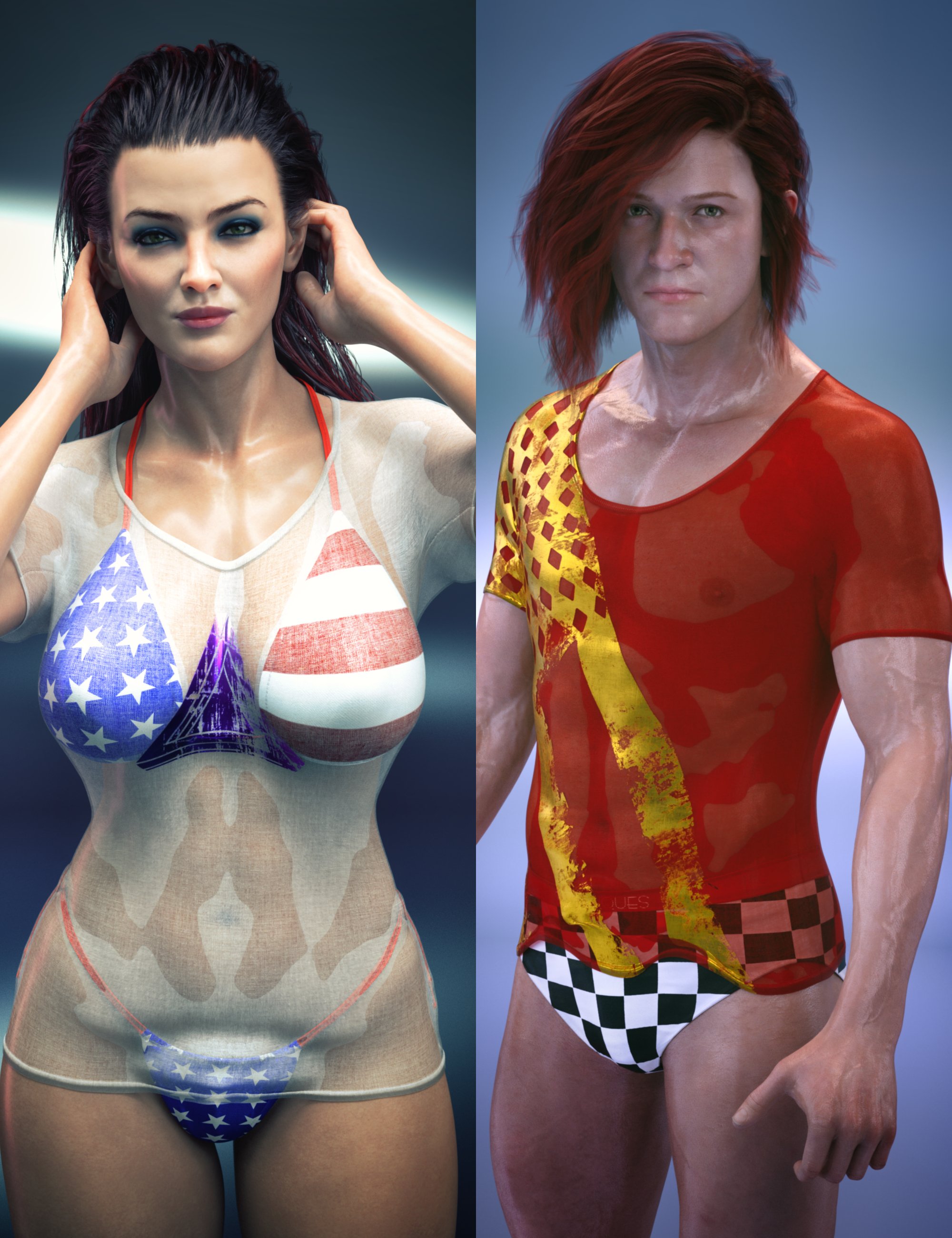dForce Dynamic Wet Tshirt Bikini and Briefs for Genesis 9 Texture Add-On by: SWTrium, 3D Models by Daz 3D