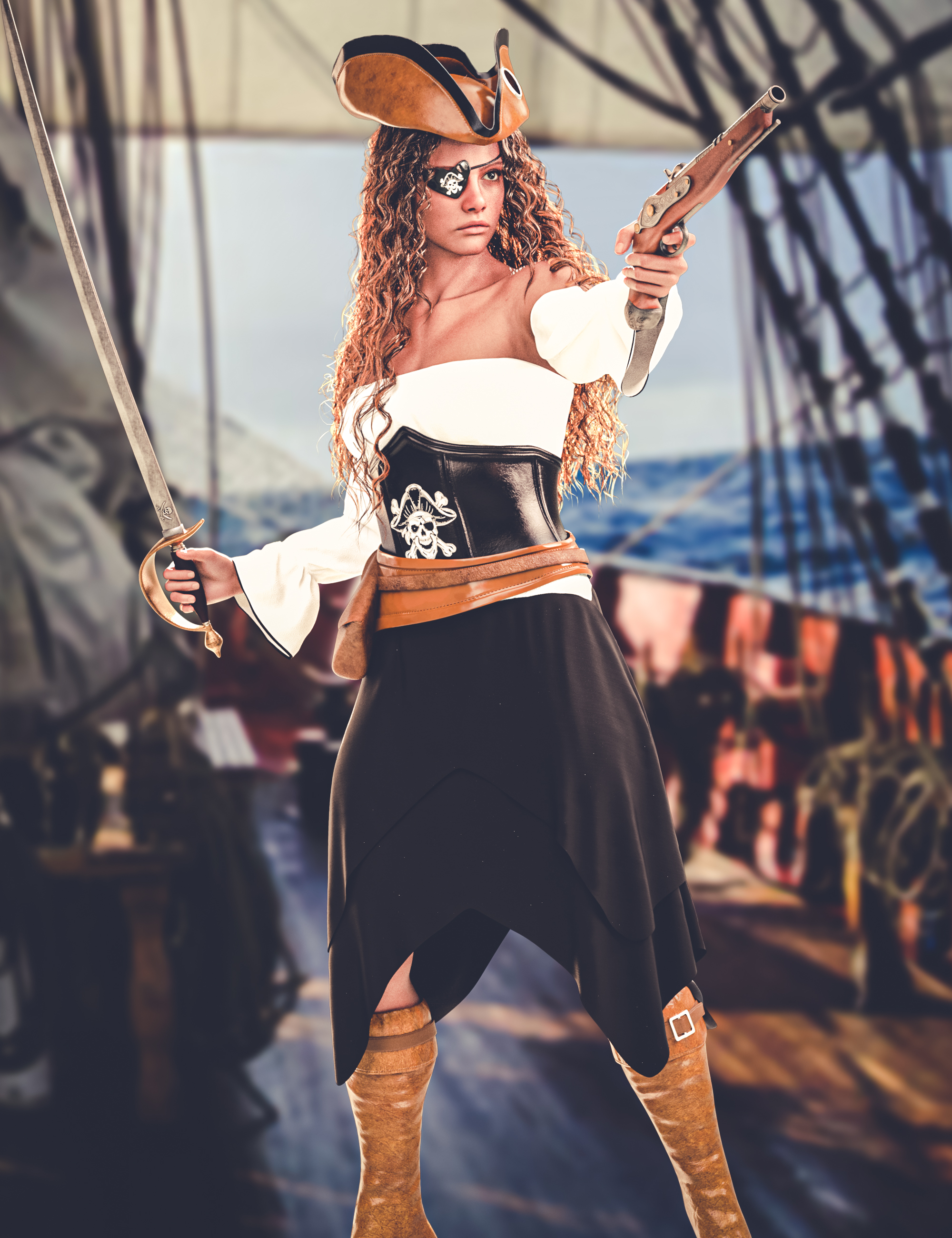 dForce Pirate Girl Outfit for Genesis 9 by: Aesthetic HouseMarcs Art, 3D Models by Daz 3D