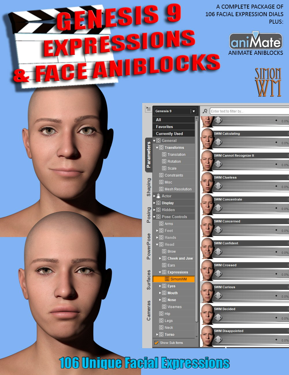 Expressions and Face aniBlocks for Genesis 9 by: SimonWM, 3D Models by Daz 3D
