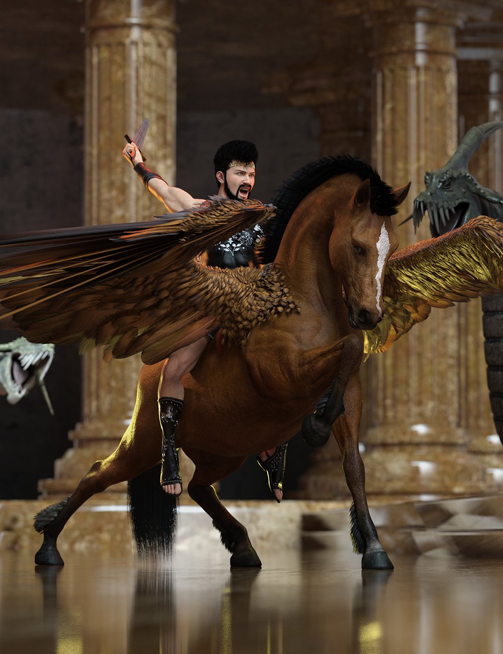 Pegasus Rider Hierarchical Poses for Horse 3, Pegasus Wings and Genesis 9 Base by: Ensary, 3D Models by Daz 3D