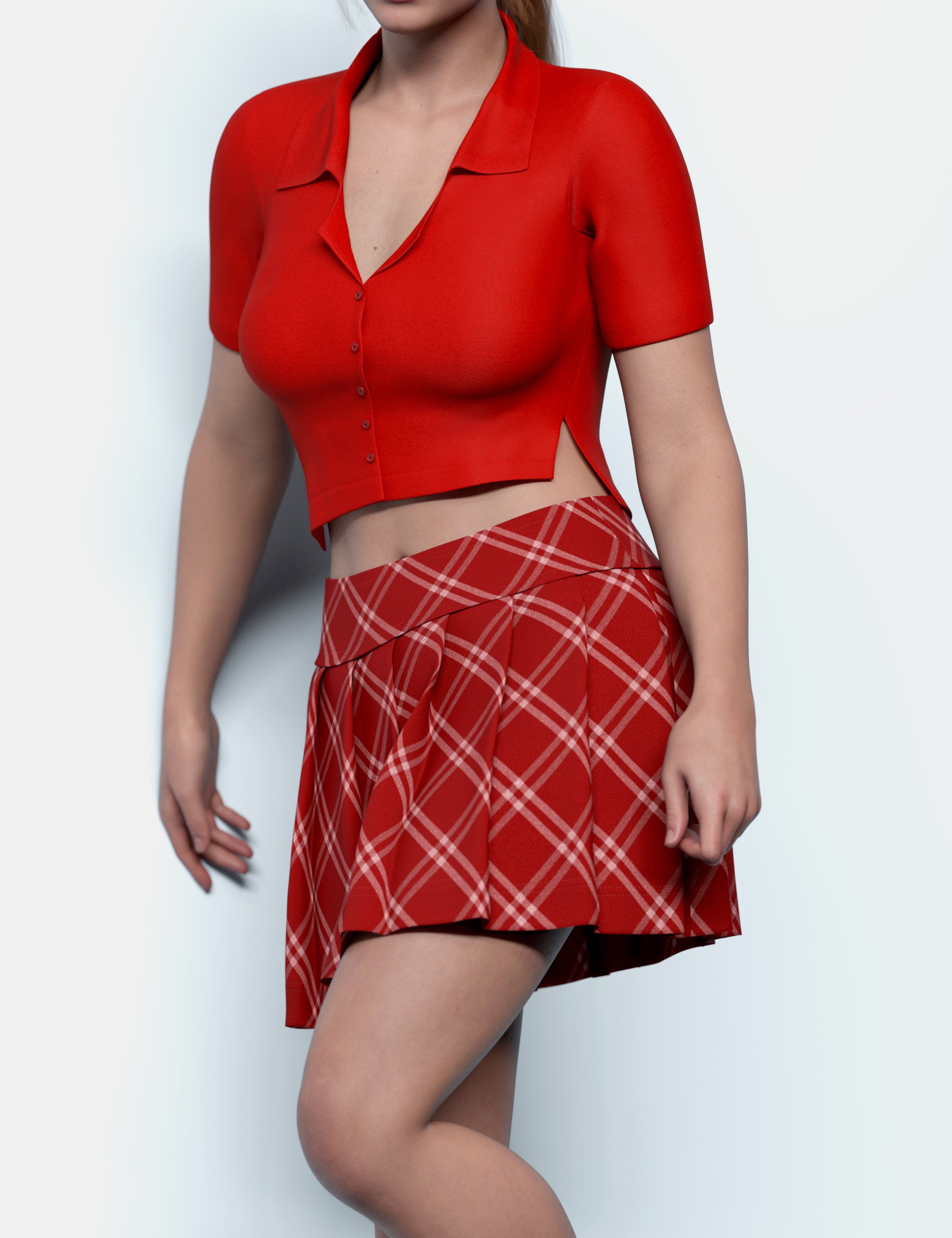 dForce Buttoned Crop Shirt and Pleated Skirt for Genesis 9 by: outoftouch, 3D Models by Daz 3D
