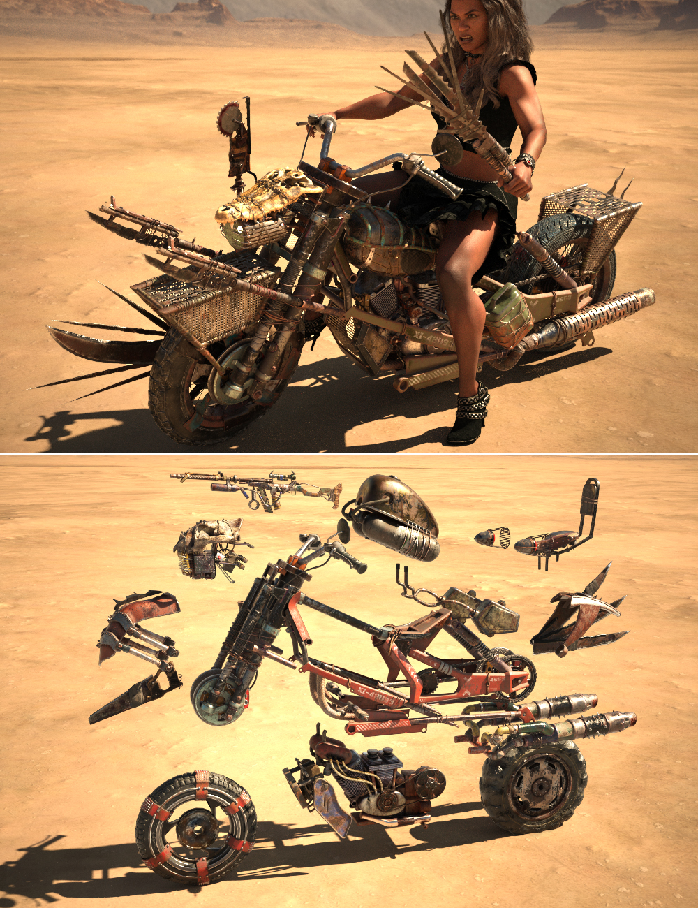 XI Modular Post Apocalyptic Motorcycle Bundle by: Xivon, 3D Models by Daz 3D