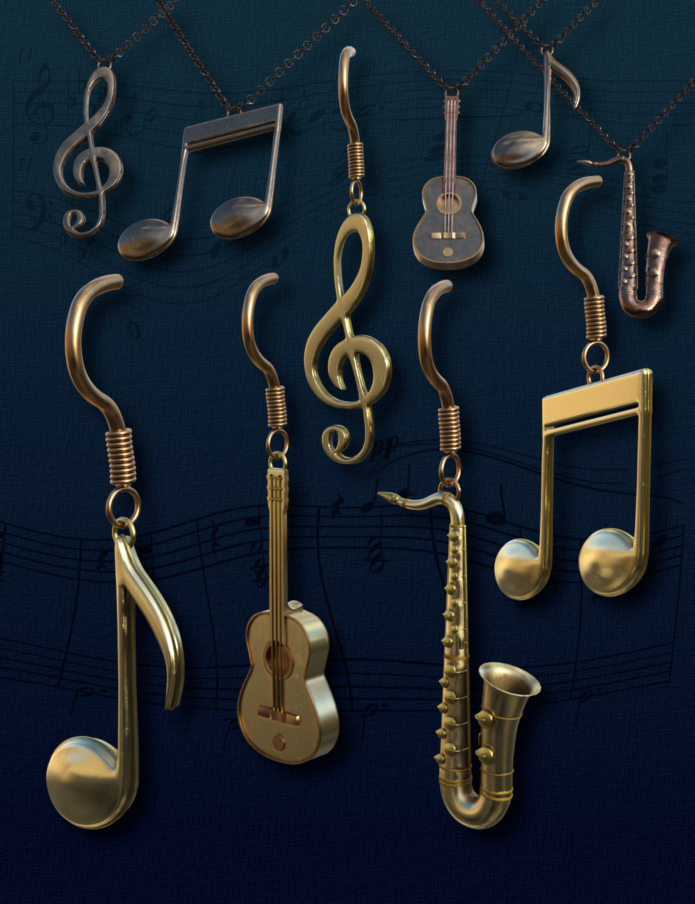 Musical Pendants and Earrings for Genesis 9 and 8 Female by: Fantasyart3D, 3D Models by Daz 3D