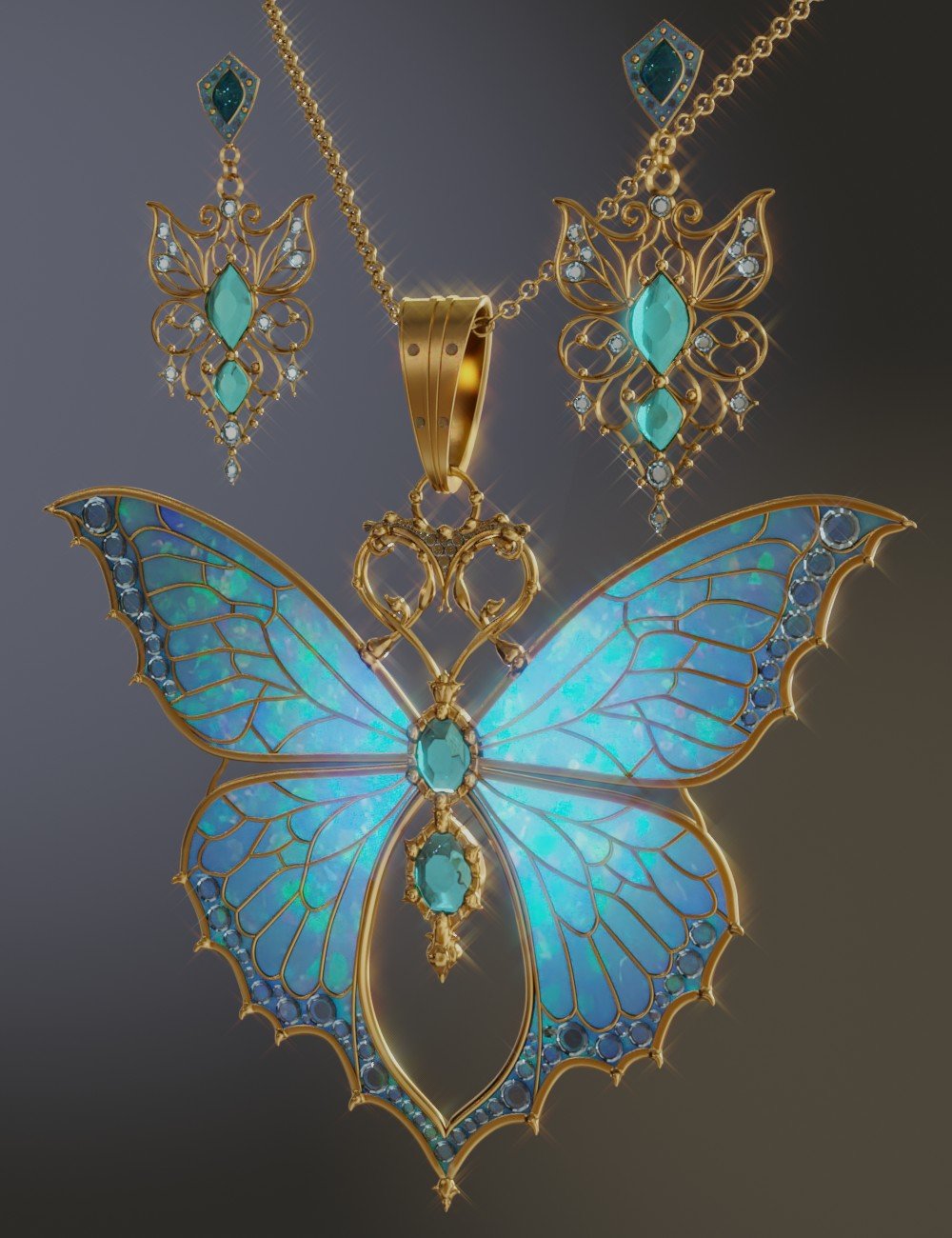 Butterfly Pendant and Earrings for Genesis 9 and 8 by: Fantasyart3D, 3D Models by Daz 3D