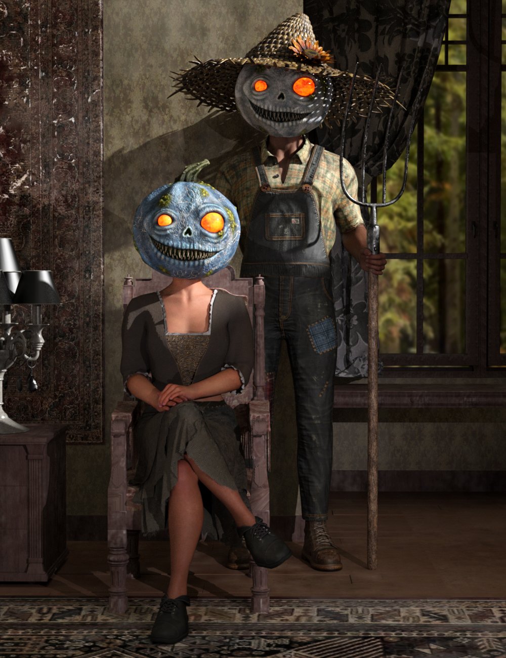 Pumpkin Farmer Outfit for Genesis 9 by: Space Elsa, 3D Models by Daz 3D