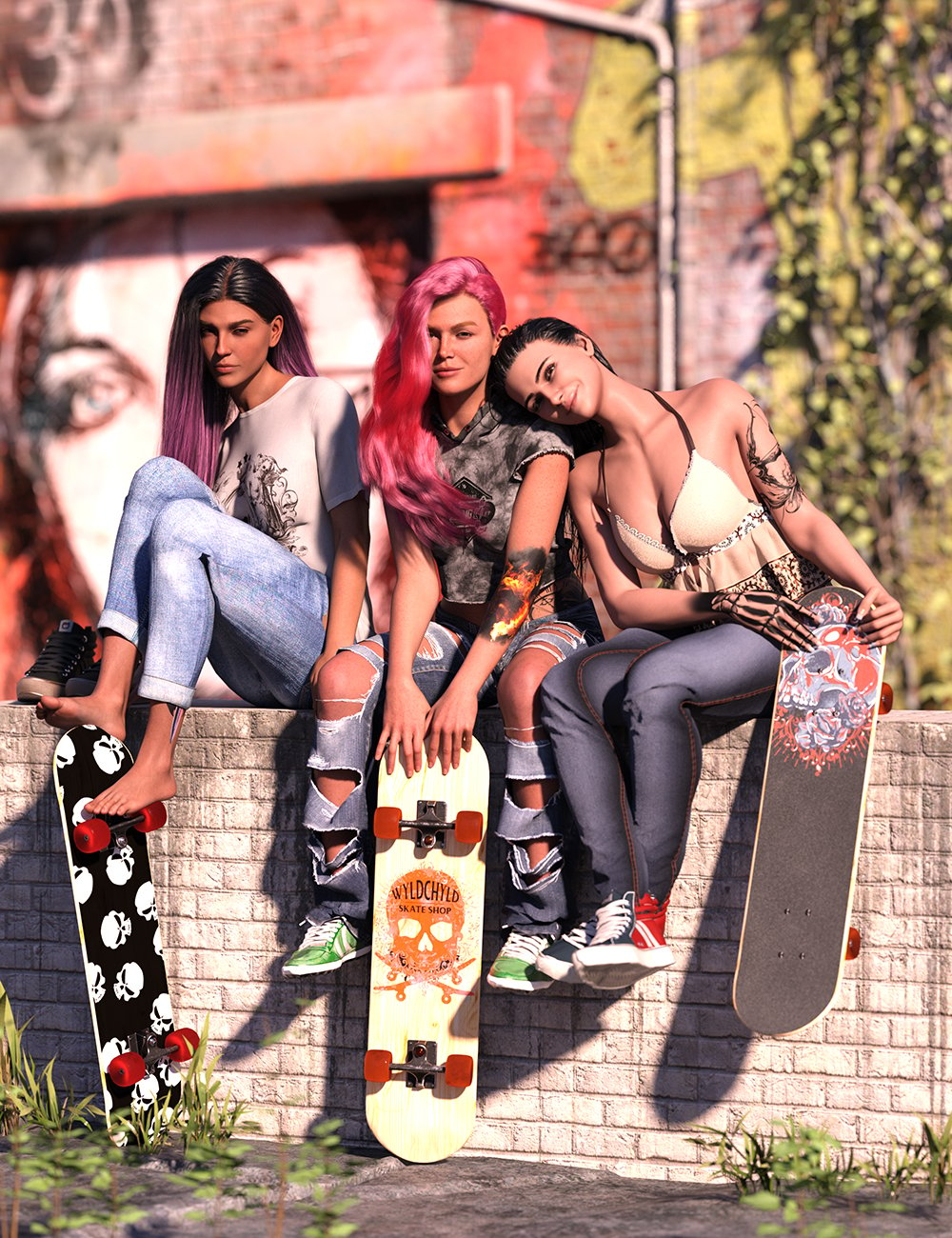 Wyld Chyld: Skater Poses with Skateboard for Genesis 9 Feminine by: Skyewolf, 3D Models by Daz 3D