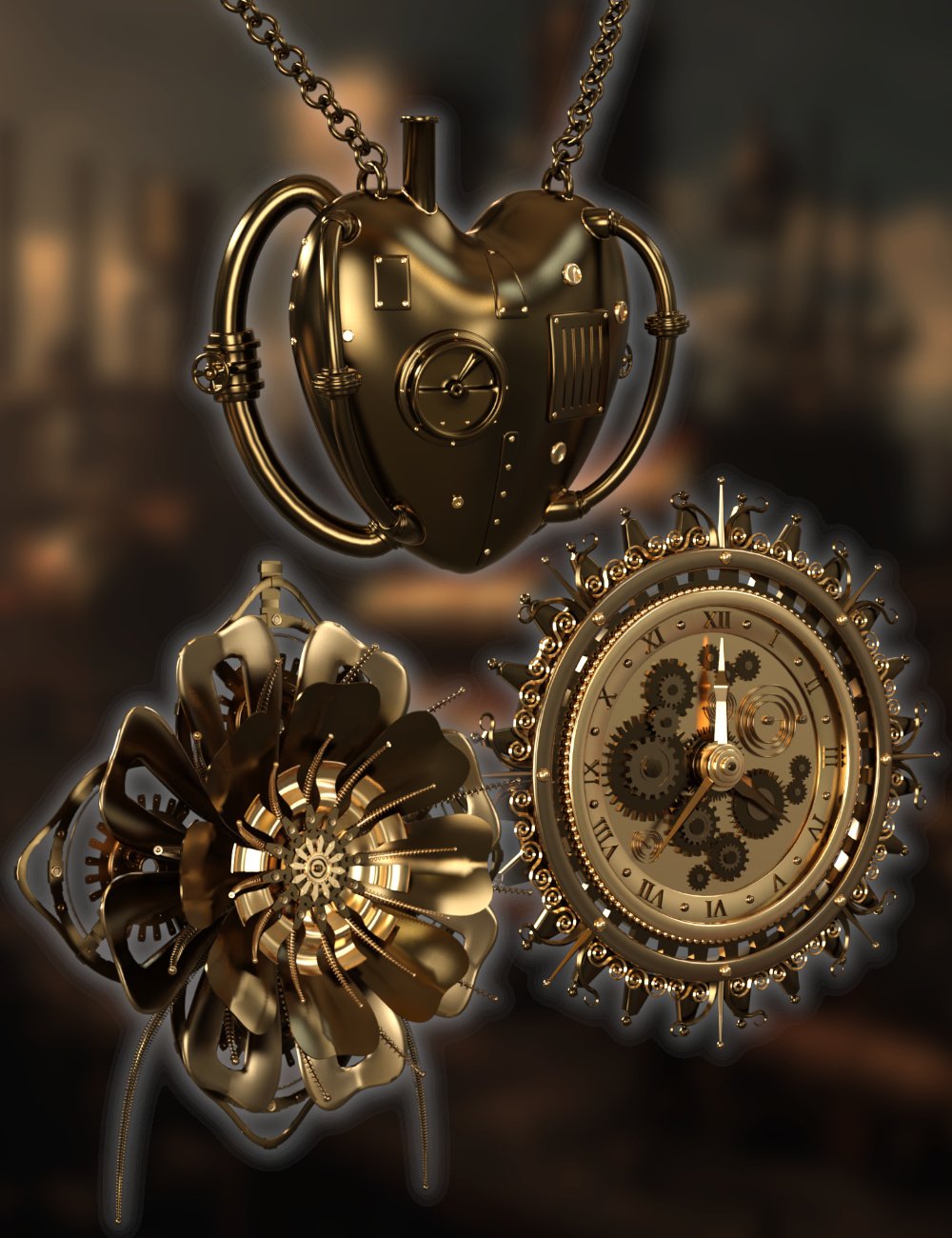 Steampunk Pendant, Brooch and Earrings for G9 by: Fantasyart3D, 3D Models by Daz 3D