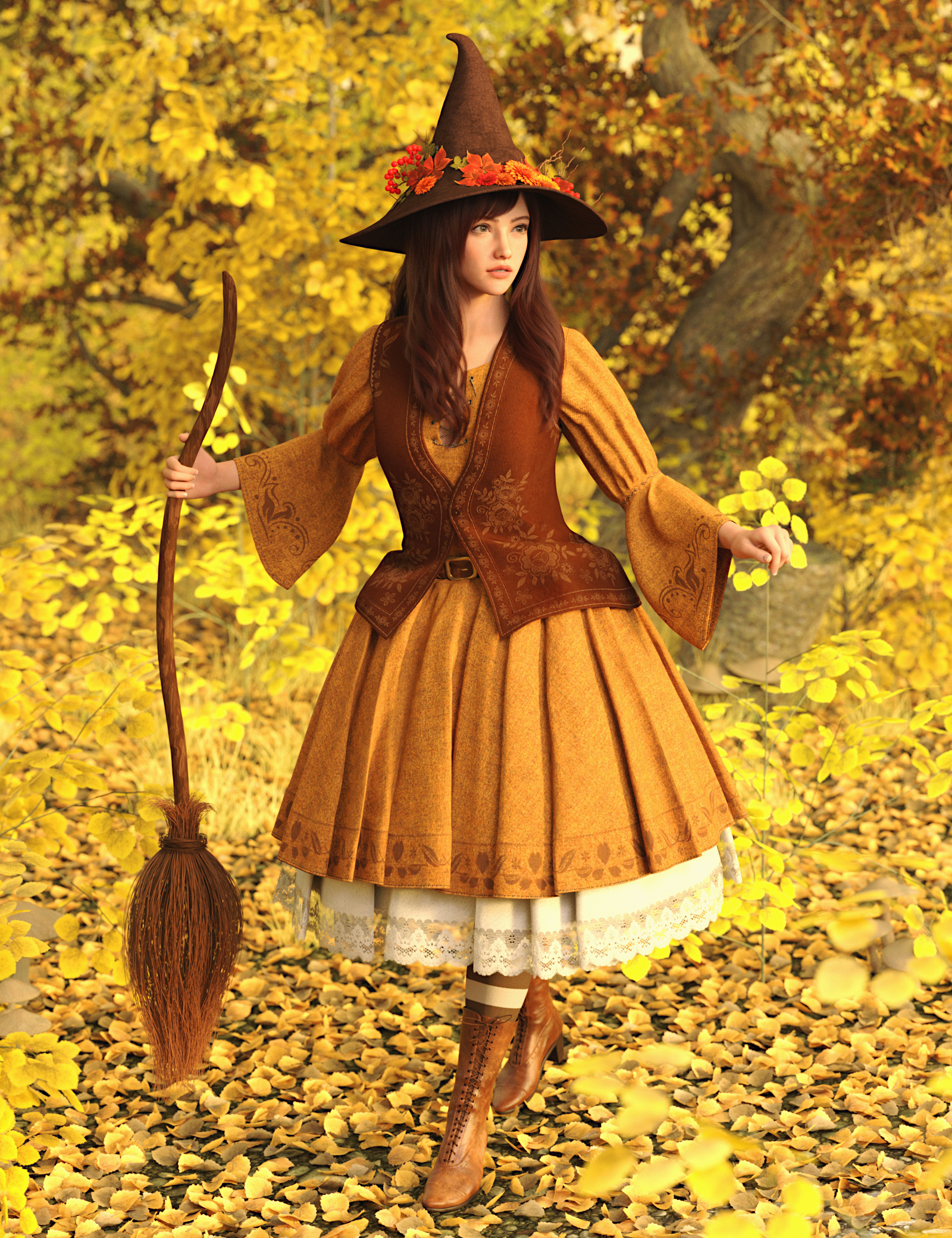 dForce Autumn Witch Outfit for Genesis 9 by: Toyen, 3D Models by Daz 3D