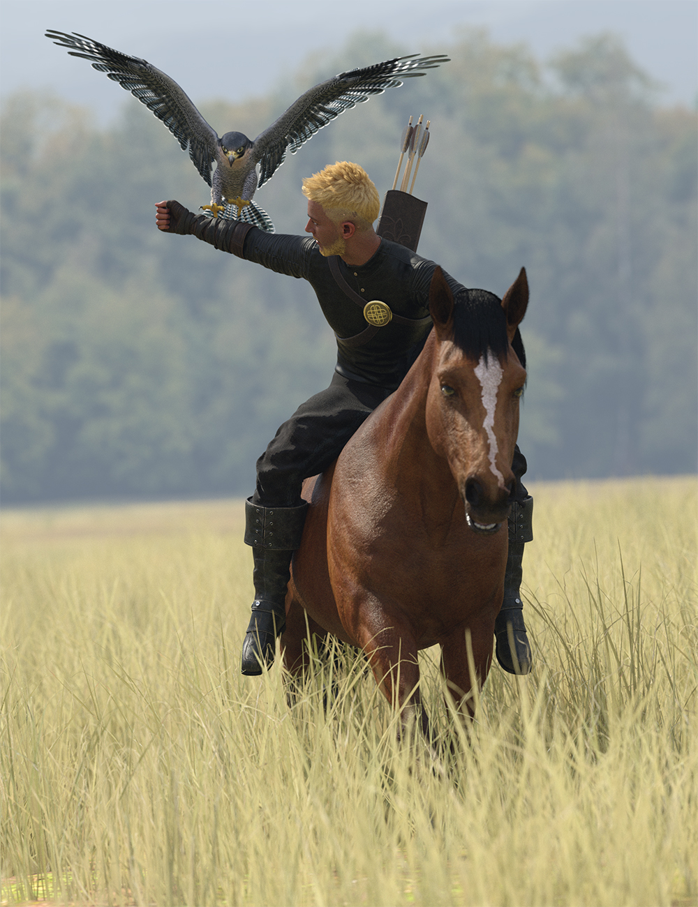 Mounted Falconry Poses for Genesis 9 Base, Horse 3 and DS Falcon by: Ensary, 3D Models by Daz 3D
