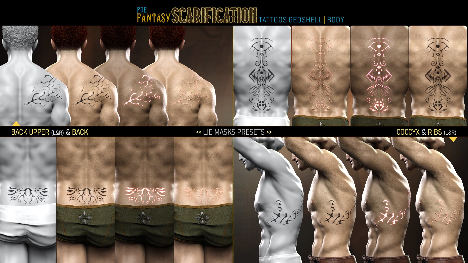 FPE Fantasy Scarification Body Tattoos Geoshell for Genesis 9 | Daz 3D