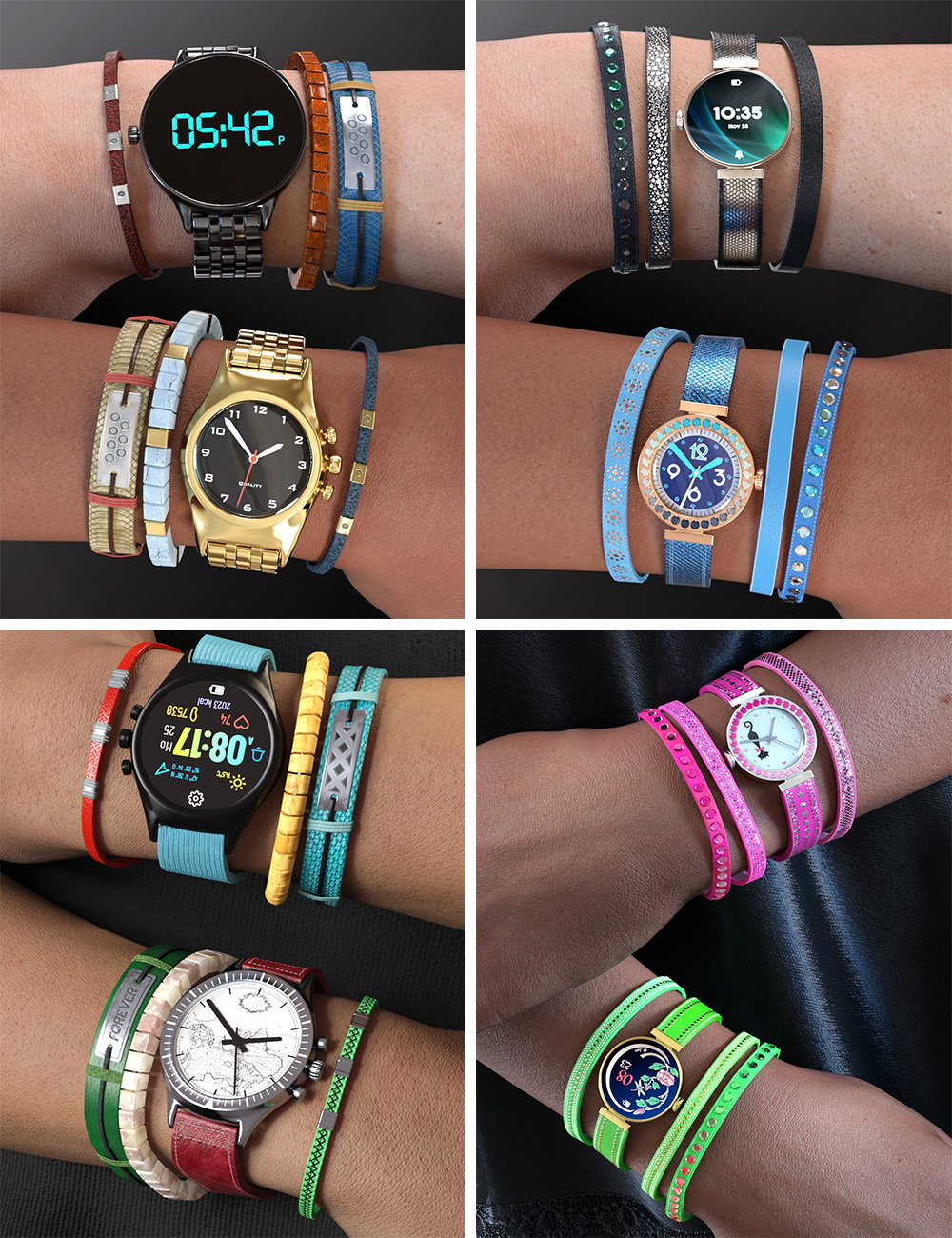 Watches and Bracelets for Genesis 9 Bundle by: esha, 3D Models by Daz 3D