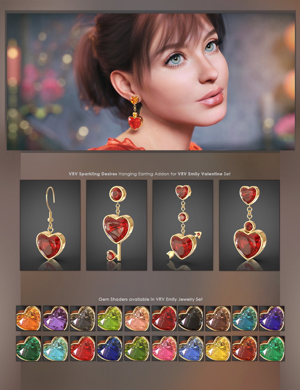 VRV Sparkling Desires Hanging Earring Addon for Genesis 9, 8.1, and 8 Females