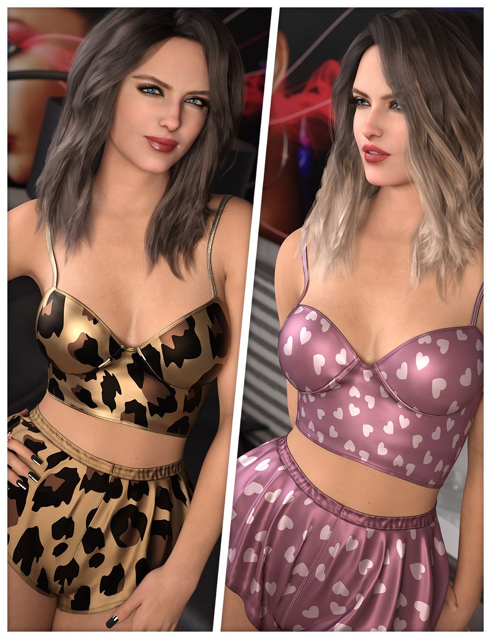 Sleepovers Textures for dForce Satin Pyjamas Set by: ShanasSoulmate, 3D Models by Daz 3D