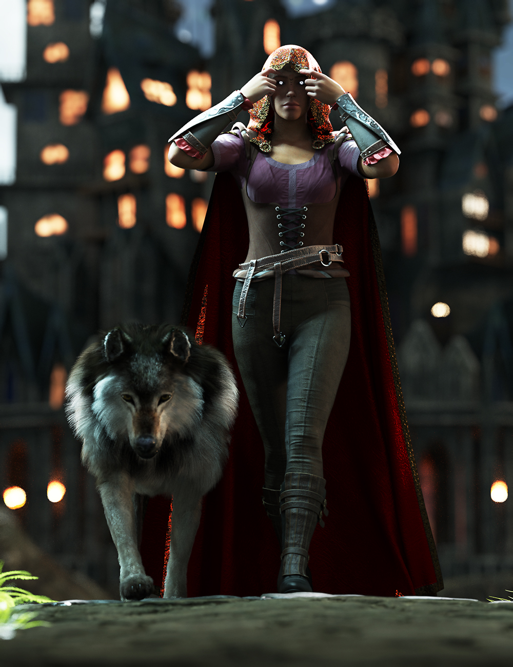 Red Hood Poses for Genesis 9 Feminine and Daz Dire Wolf by: Ensary, 3D Models by Daz 3D