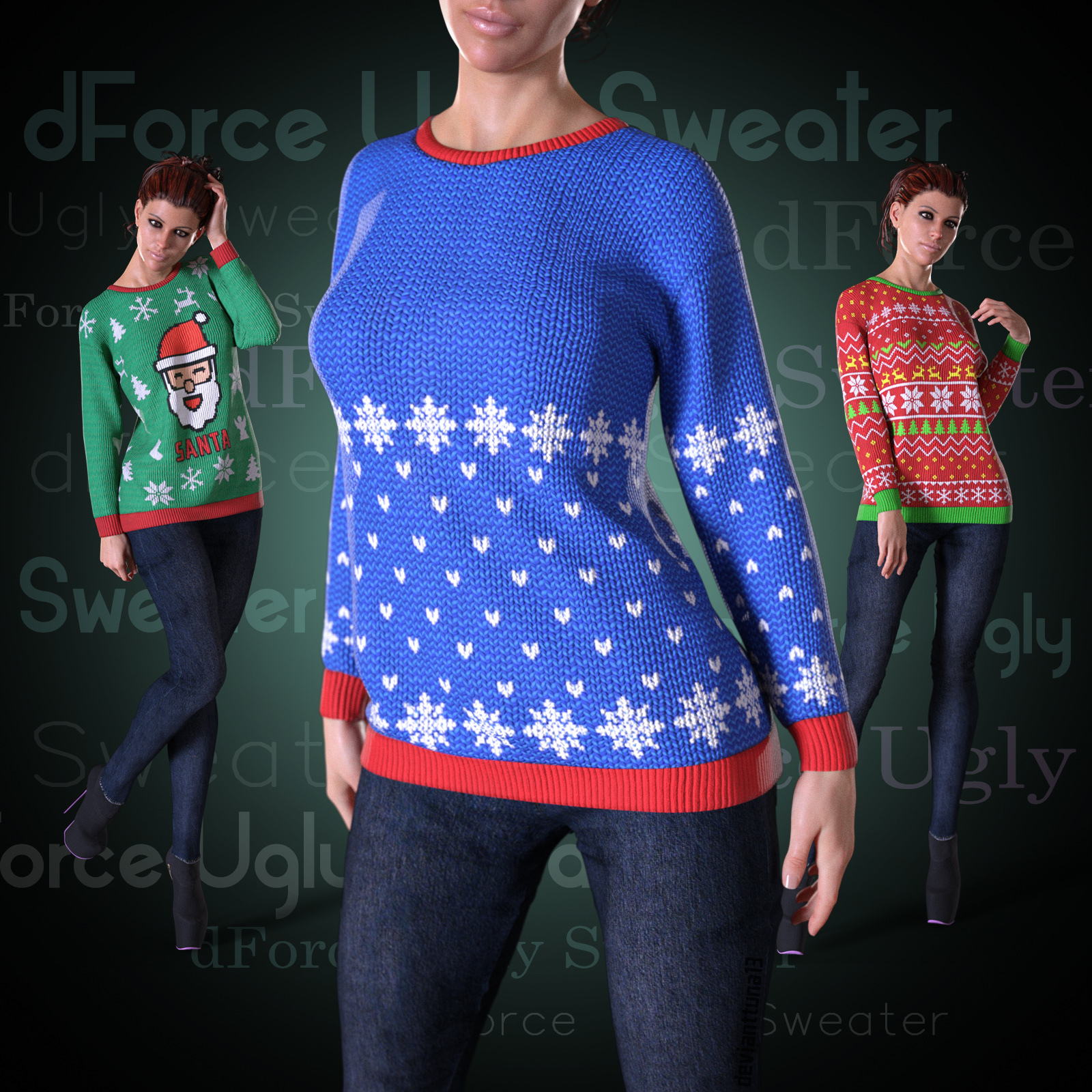 dForce Ugly Sweater for G8F by: devianttuna13, 3D Models by Daz 3D